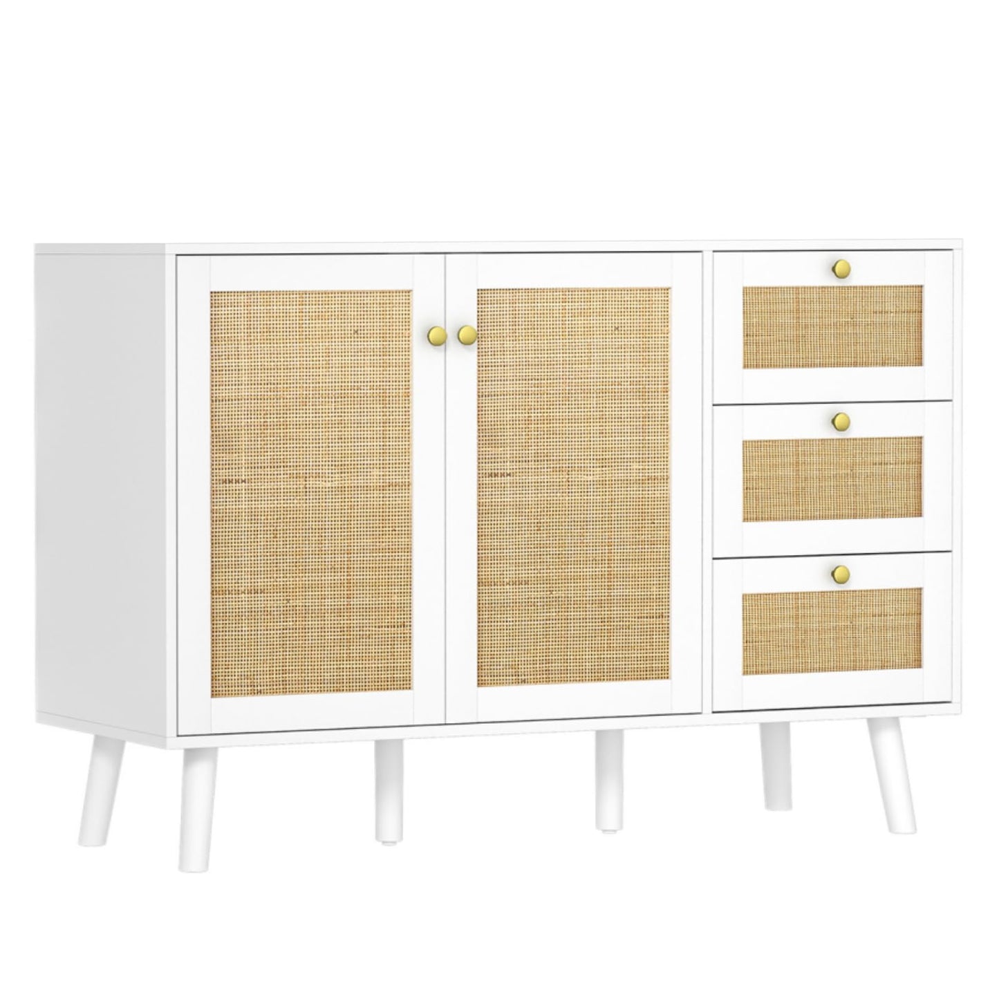 Skokliz Rattan Sideboard, Modern Storage Cabinet with 3 Drawers, Buffet Cabinet with 2 Doors and Adjustable Shelves