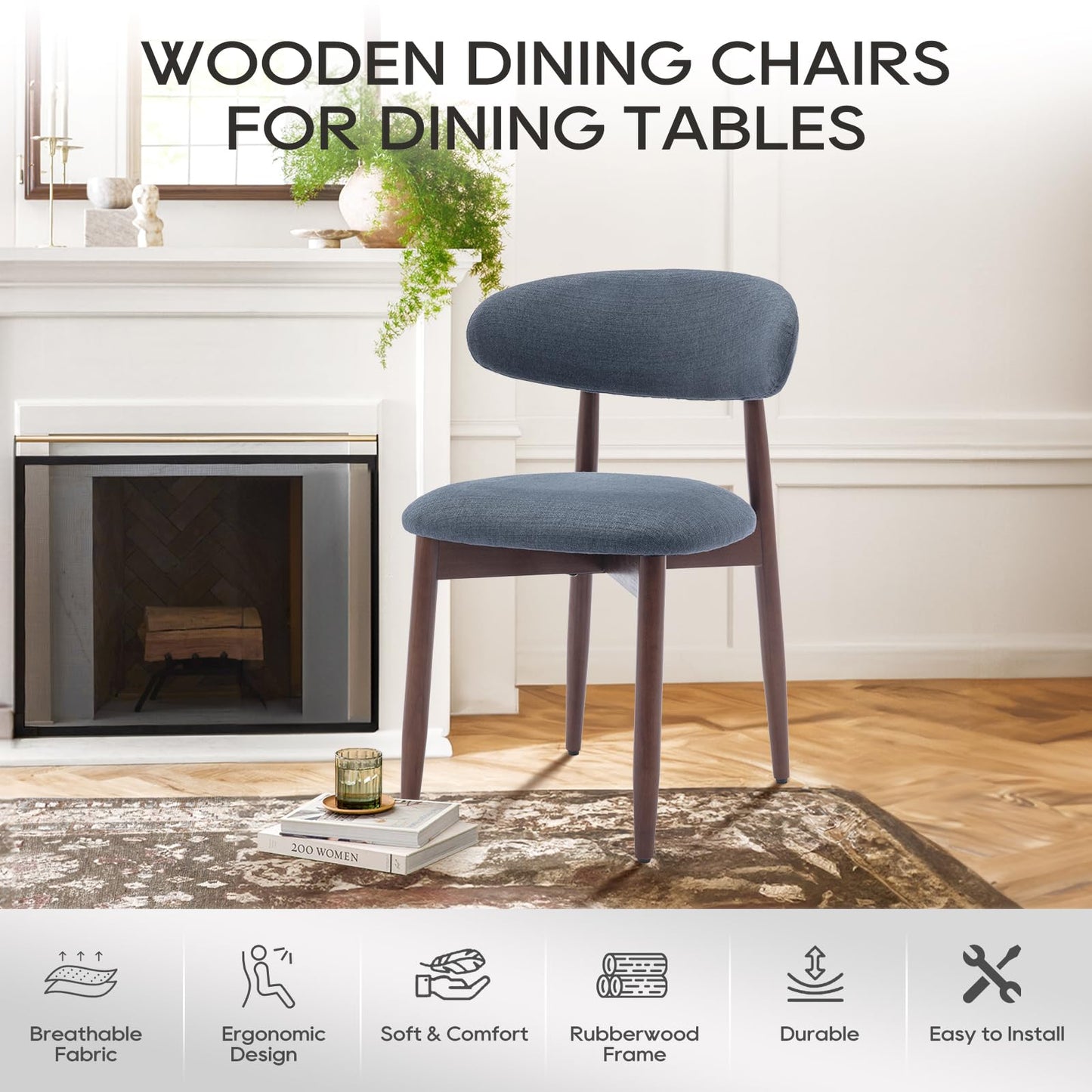 COLAMY Modern Dining Chairs Set with Wooden Legs – Upholstered Fabric Dining Room Chairs with Curved Backrest, Soft Cushion Seat