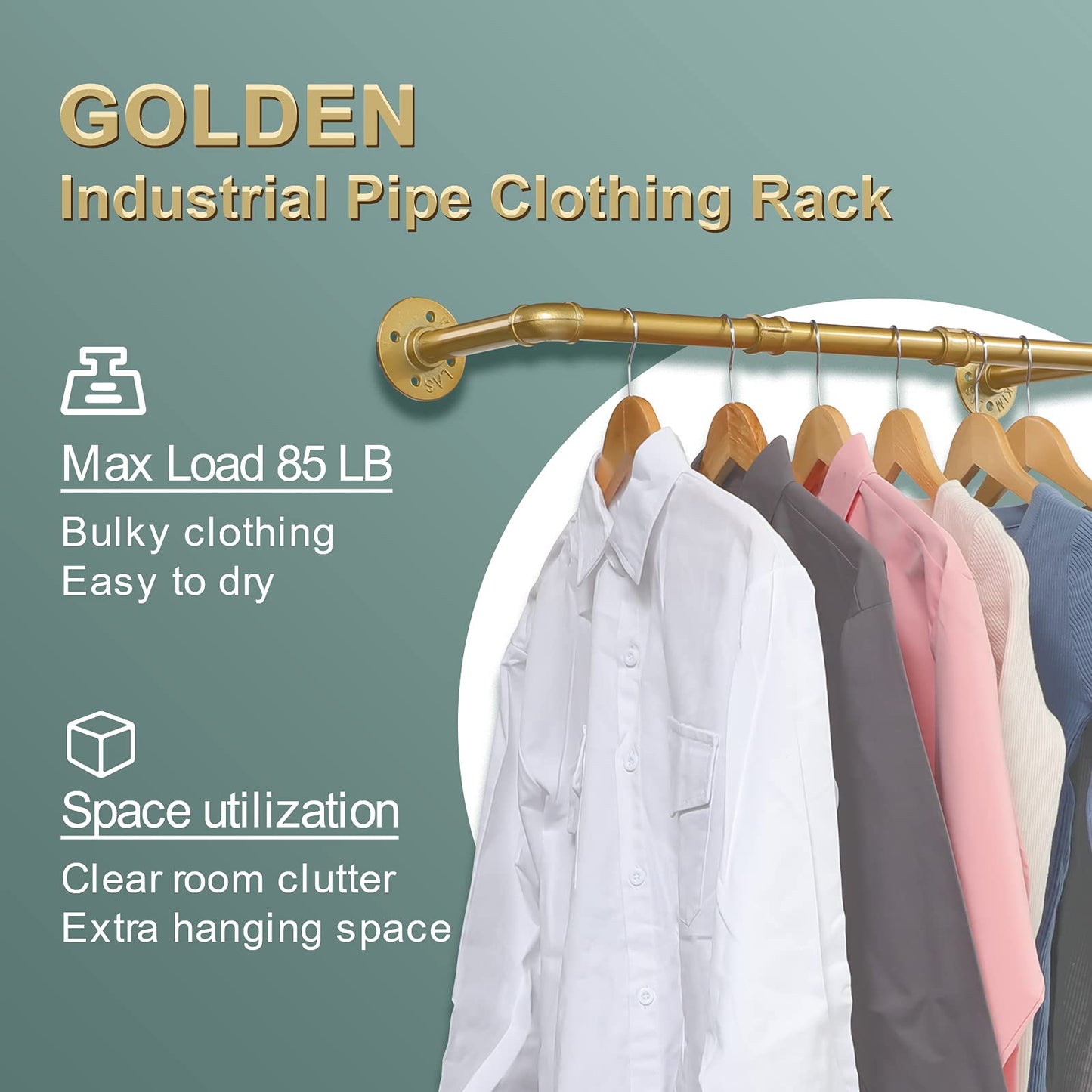 Ihomepark Industrial Pipe Gold Clothing Rack, 94 cm Wall Mounted Gold Iron Garment Clothes Bar, Heavy Duty Metal Hanging Rod for Retail Display