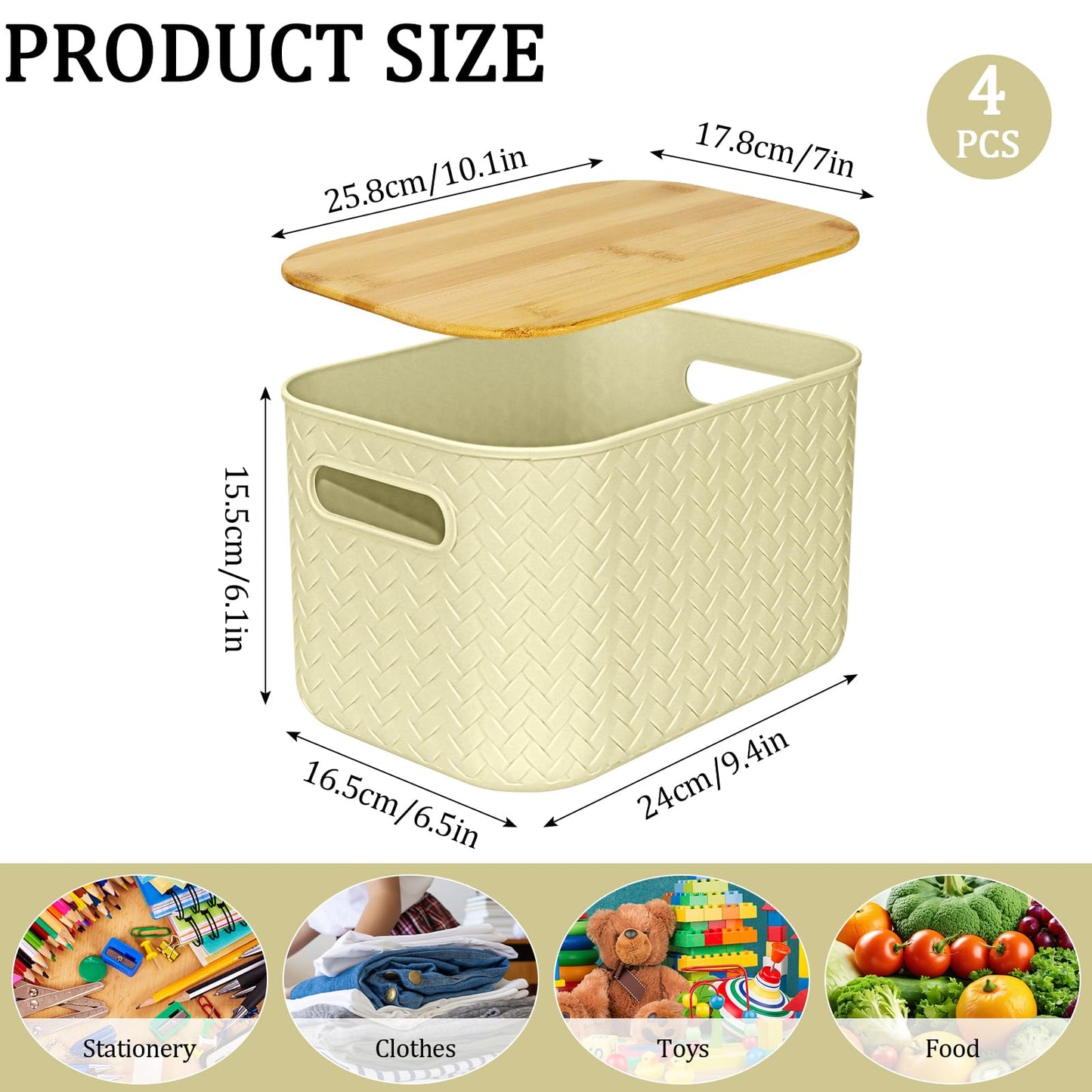 RWFMO 4 Pcs Plastic Beige Storage Baskets with Bamboo Lid for Bathroom
