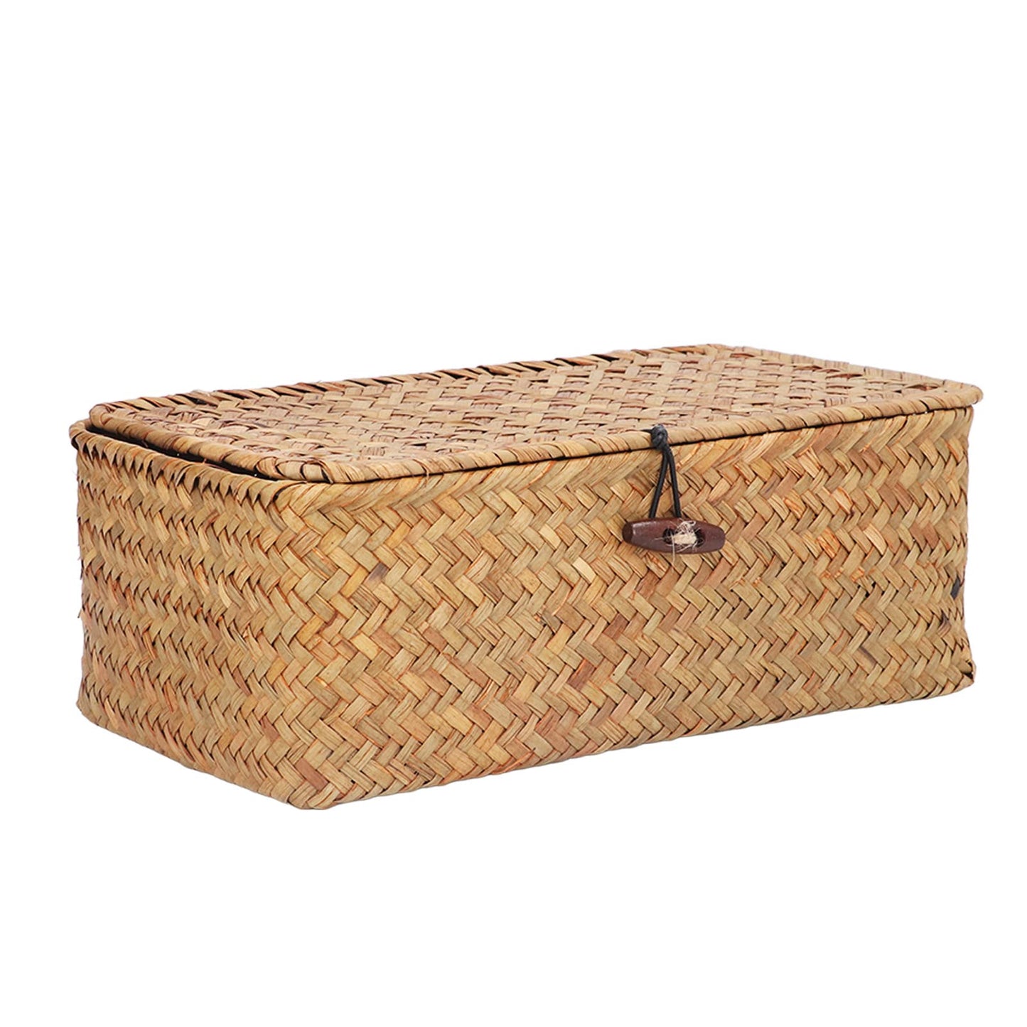 Wicker Storage Bins with Lid, Multipurpose Dustproof Seagrass Basket Rectangular Household Organizer Box Shelf Wardrobe Organizer (M)