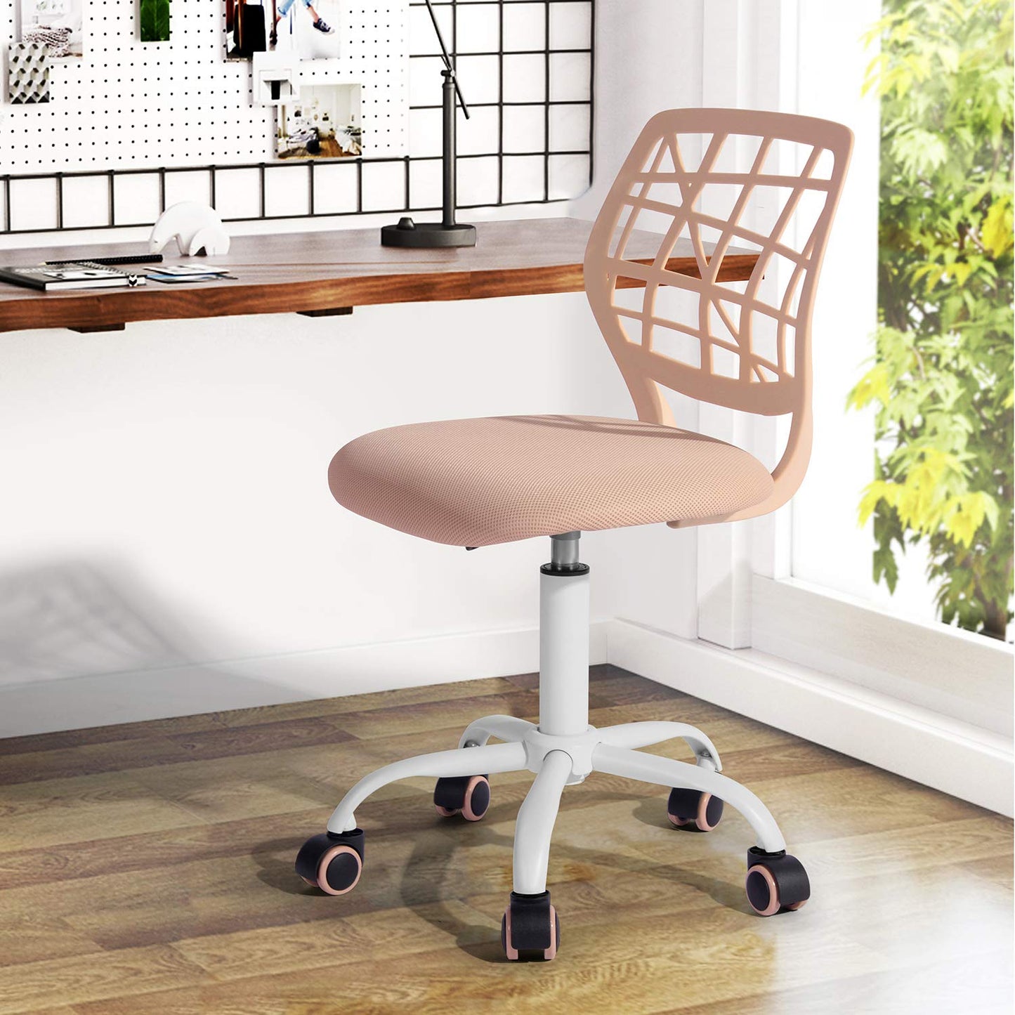 FurnitureR Gaming Children, Office, Gamer, Desk Chair, Ergonomic Modern Design, Armless, Seat Height Adjustment, Rubber Wheels, Peach Pink
