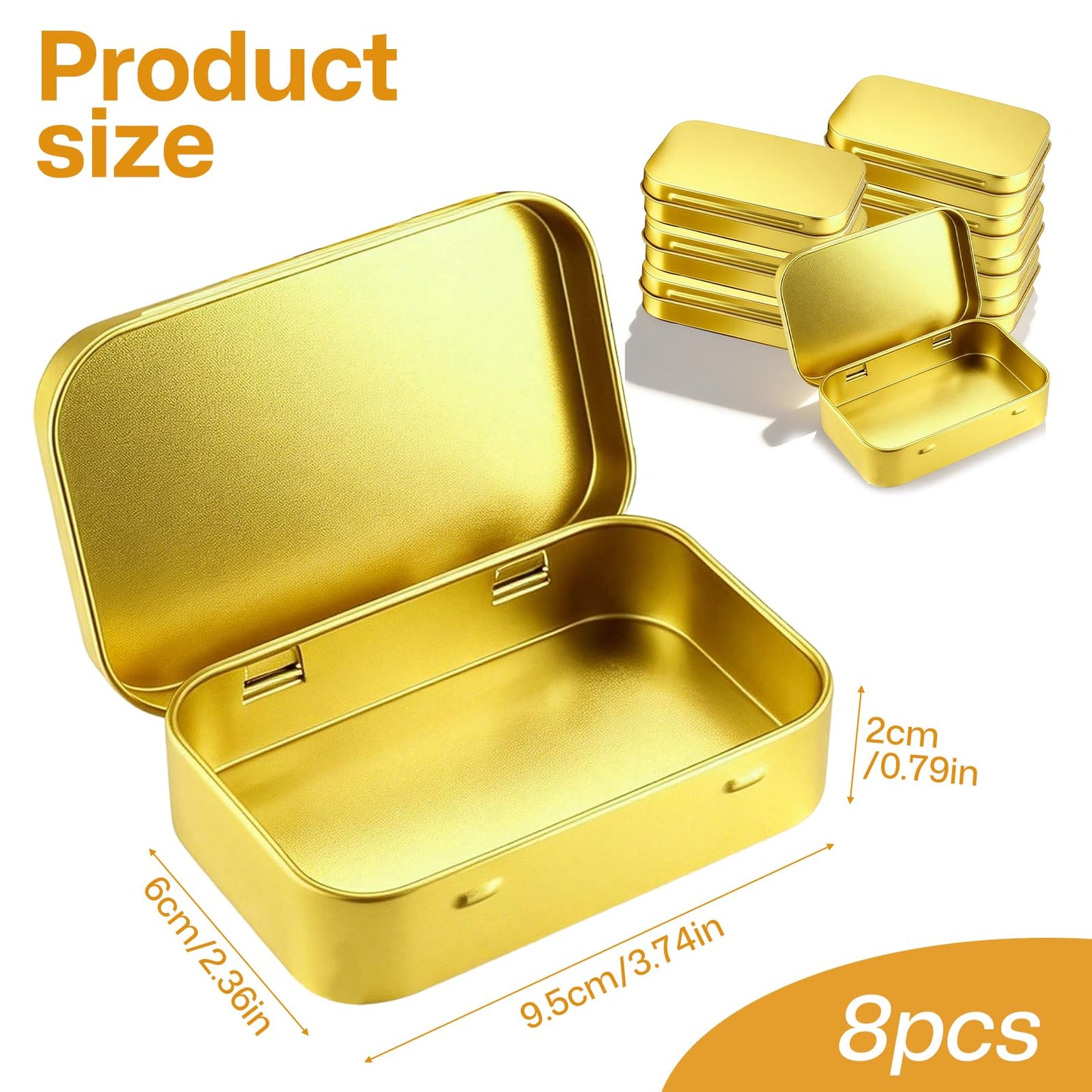 TFLPUO 8 PCS Small Tins with Lids, Mini Golden Metal Storage Tin Rectangular Hinged Tins Small Box Containers for DIY Gift Cards Candy Coin mini Items