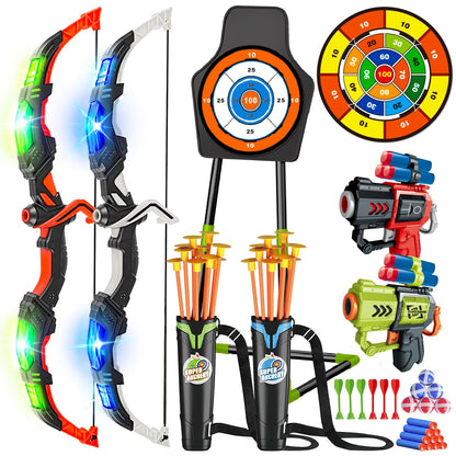VATOS 2 Pack Archery Set for 5-11 Year Old Boys & Girls, Light Up Bow & Arrow Toy with Cup Suction Target & 29 IN Dart Board, Indoor/Outdoor Activity