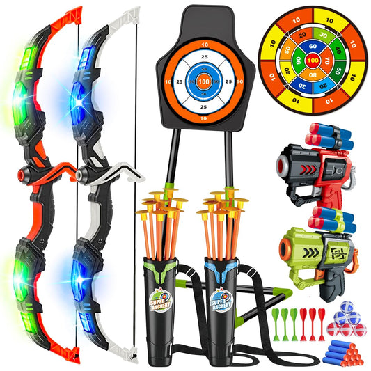 VATOS 2 Pack Archery Set for 5-11 Year Old Boys & Girls, Light Up Bow & Arrow Toy with Cup Suction Target & 29 IN Dart Board, Indoor/Outdoor Activity