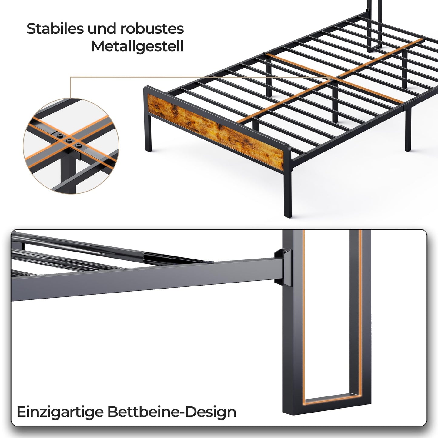 Blishom Padded Bed 120 x 200 cm with Container, Metal and Wood Bed, Single Bed with Padded Headboard and Metal Slats, Dark Grey