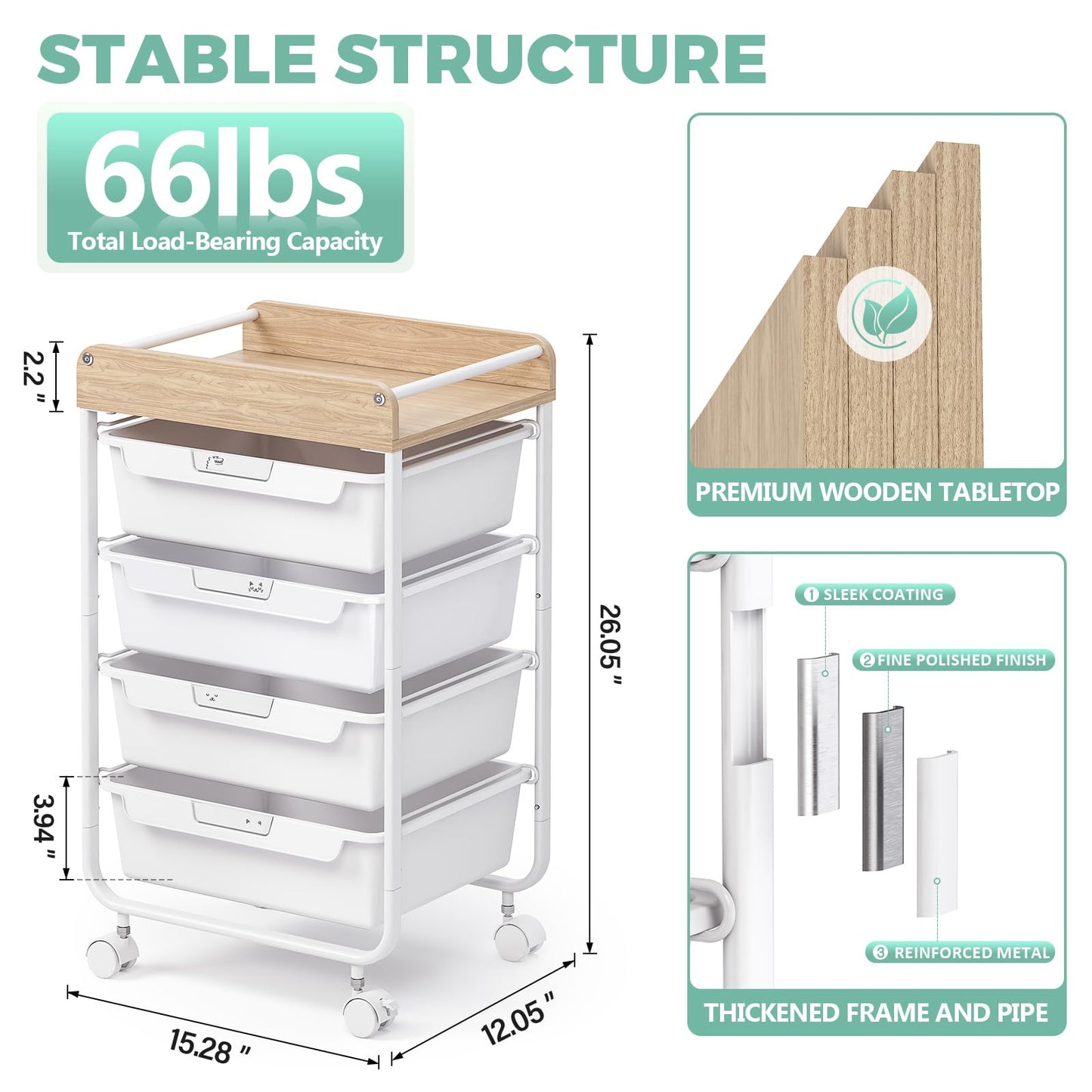SYKIARIOL 4-Drawer Storage Trolley Rolling Cart, White