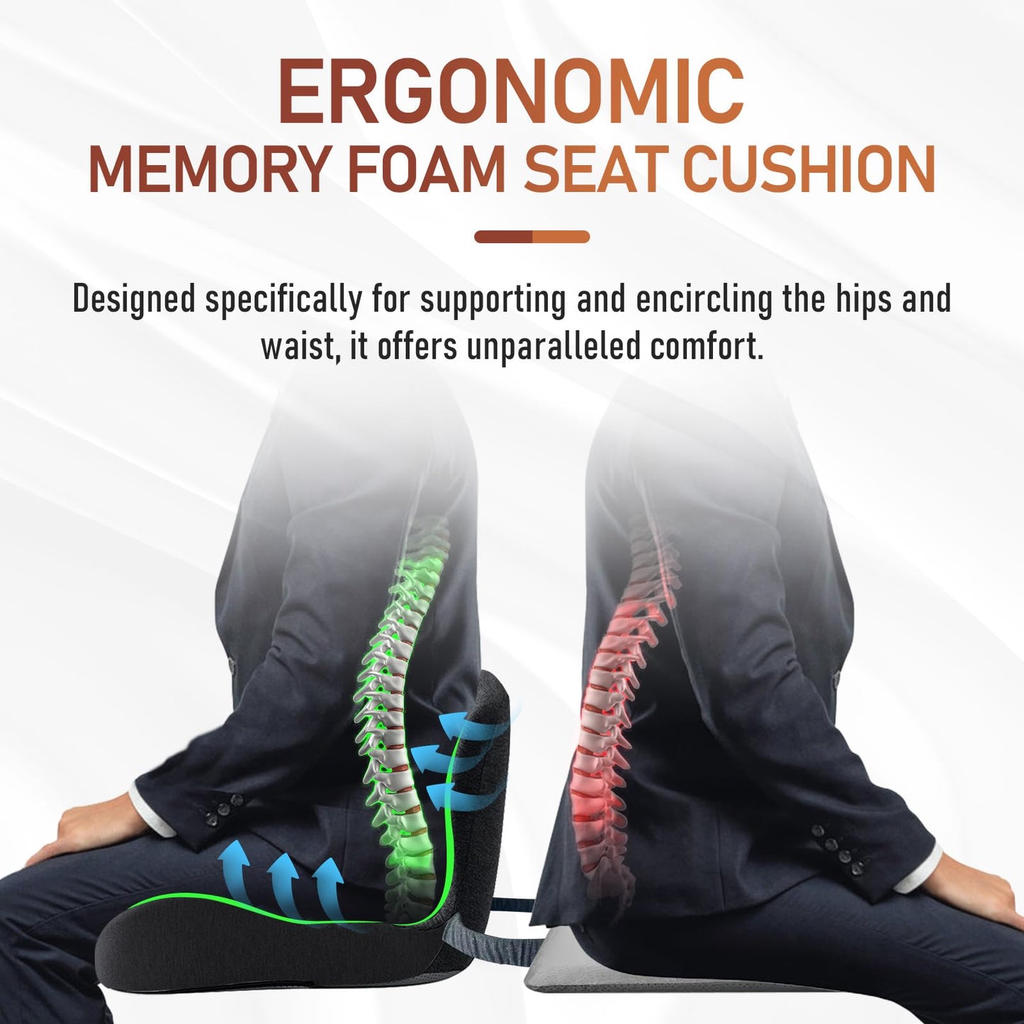 Memory Foam Seat Cushion, Office Chair Cushions with Adjustable Strap, Ergonomic Back Lumbar Support for Long Drives
