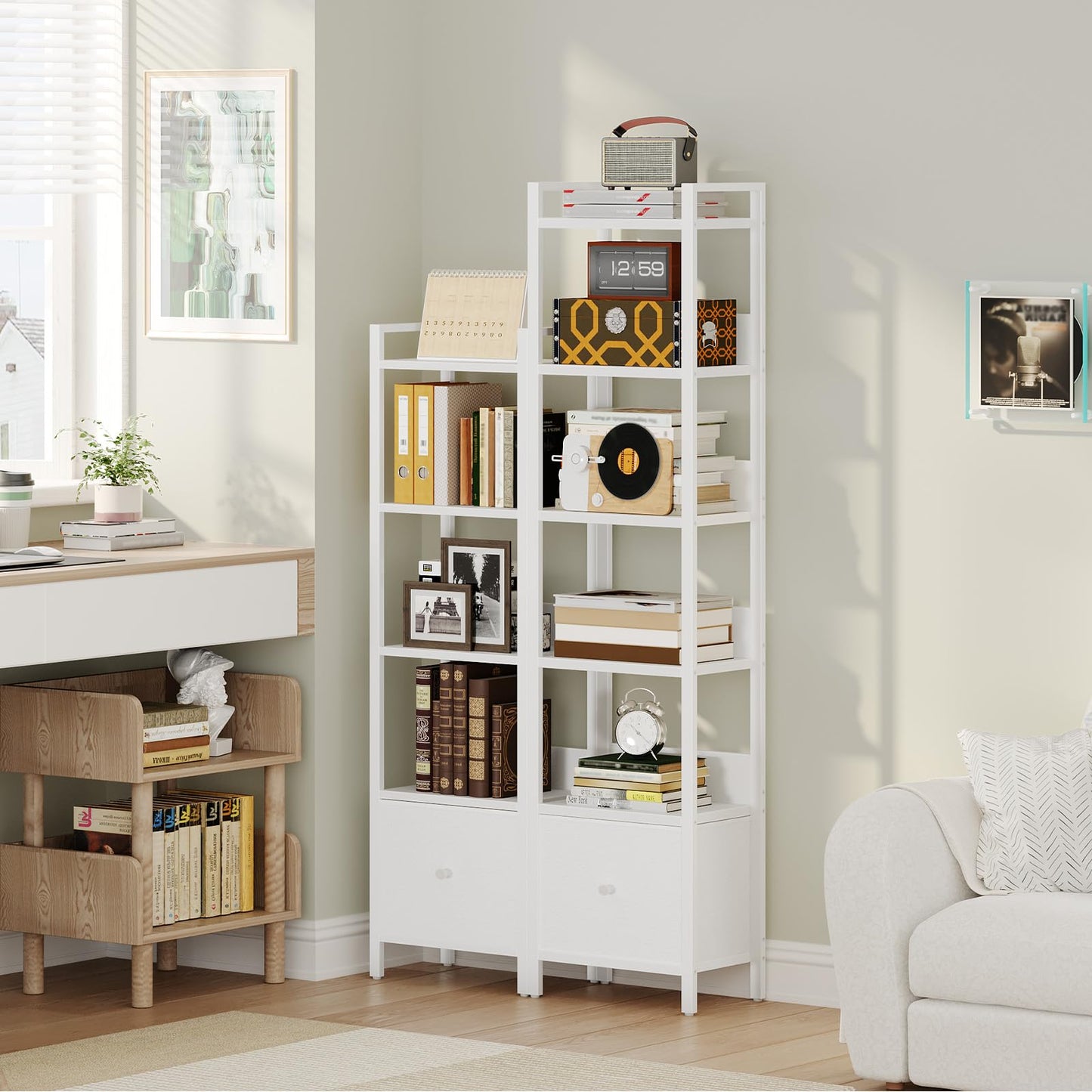MAHANCRIS Bookshelf, 6-Tier Bookcase with Removable Drawer, Freestanding Book Shelf for Small Space, Storage Shelf Organizer, for Living Room