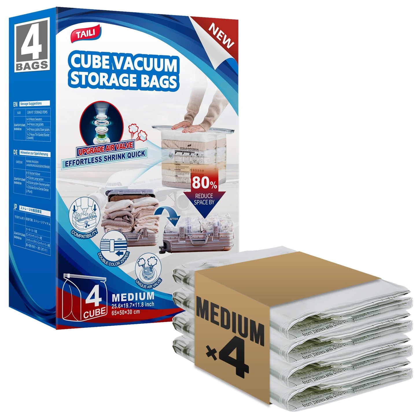 TAILI Cube Vacuum Storage Bags 4 Pack, Medium Size (50x30x65 cm), Clear