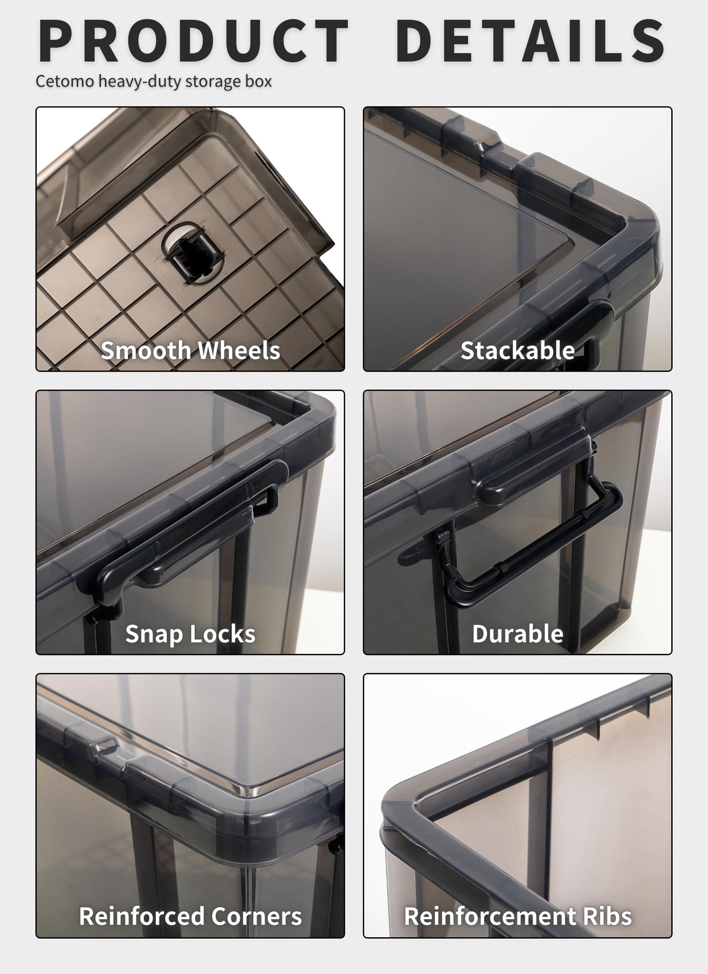 Cetomo 70L*3 Heavy-Duty Storage Boxes, Plastic Stackable Storage Box with Wheels, Storage Bins with Reinforced Corners