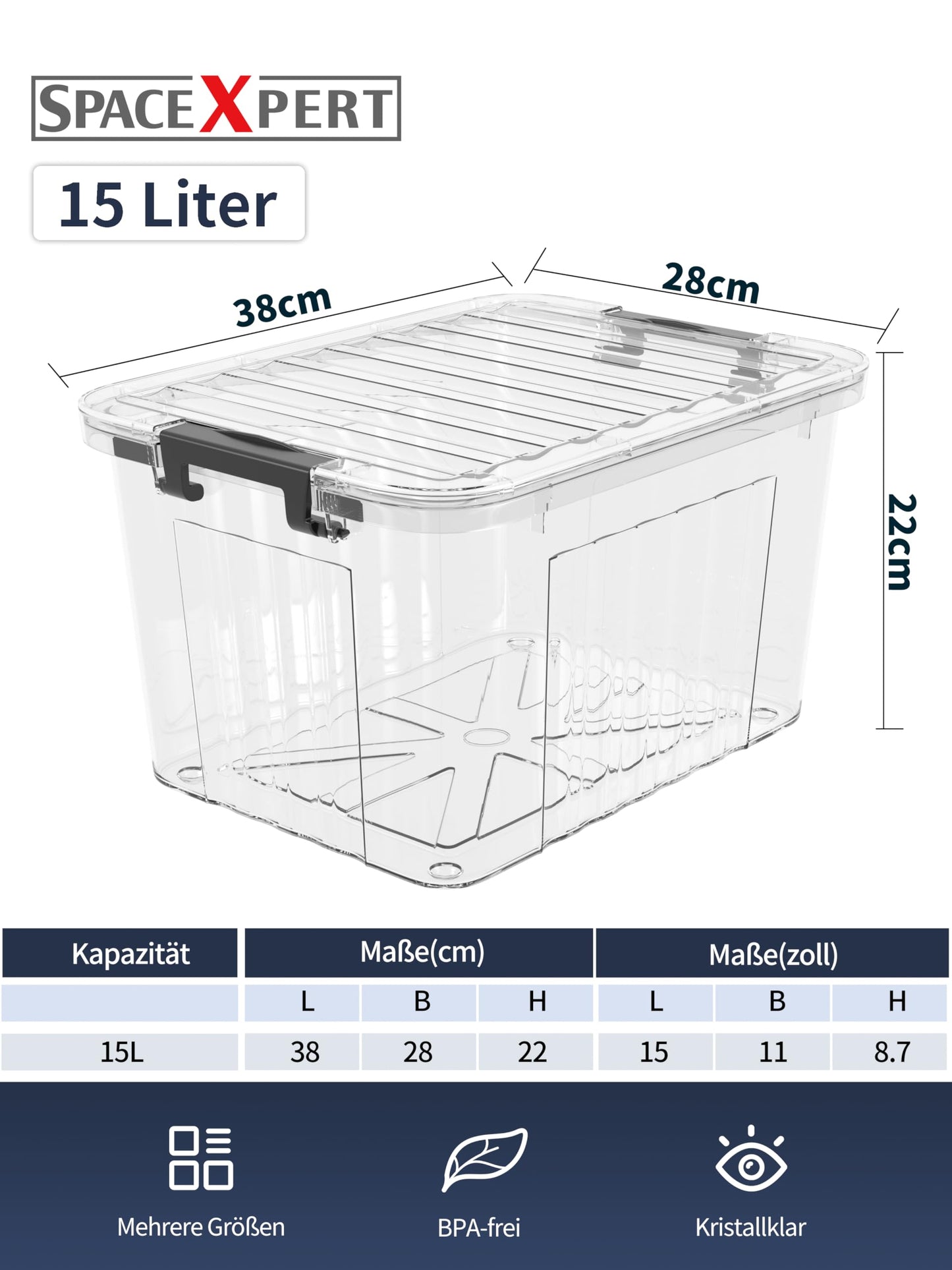 SpaceXpert Plastic Storage Boxes with Lid, Striped Storage Box 15L, Stackable Container for Home Office Accessories, Clear Bins, Polypropylene