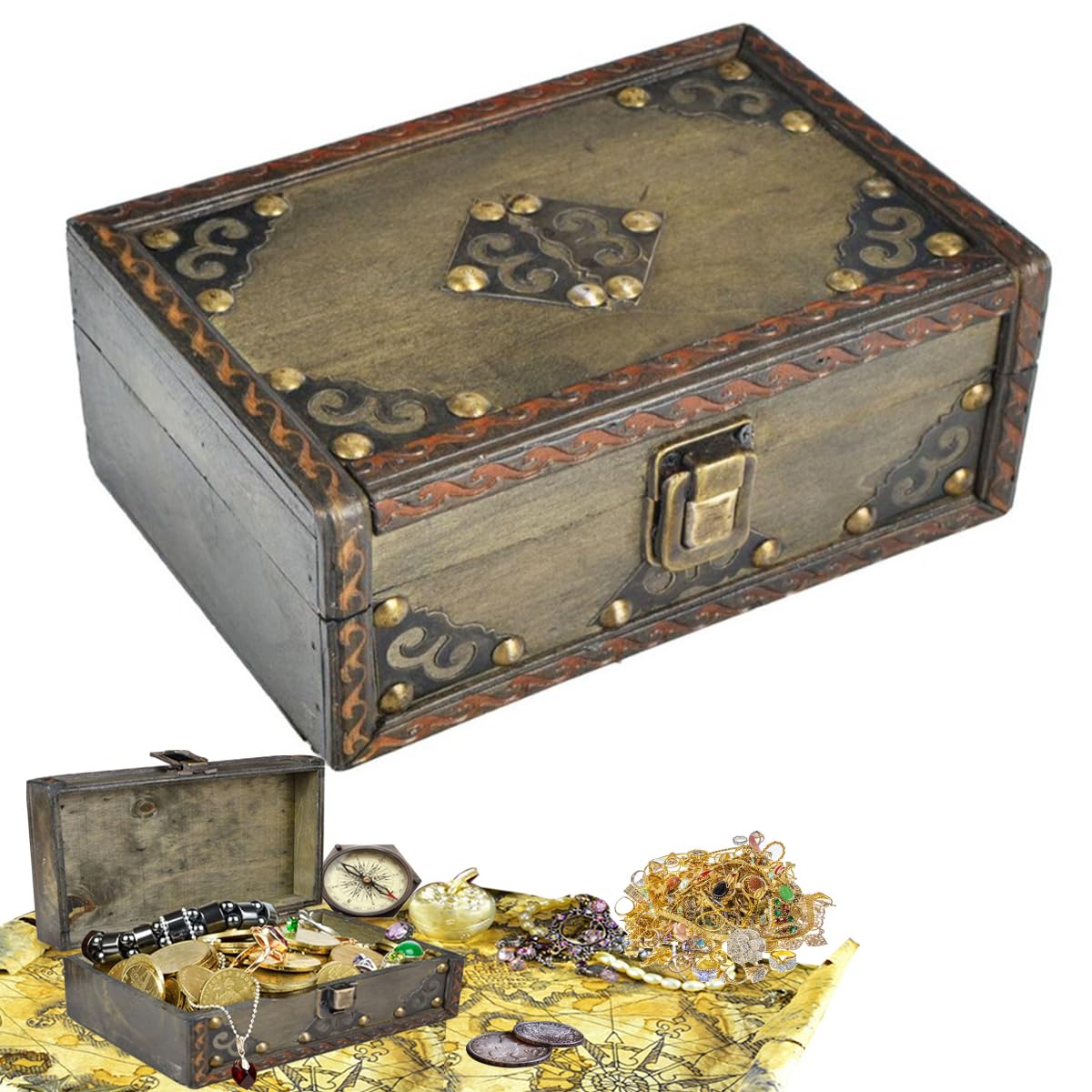 Vintage Wooden Treasure Box with Lock Pirate Treasure Chest, Antique Jewellery Storage Lockable 8.3 x 5.5 x 3.6 in - Handmade Rustic Keepsake Box for