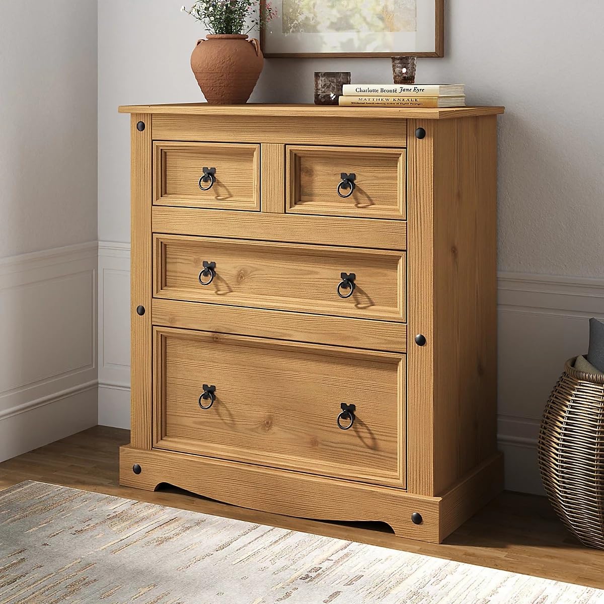 Corona Chest of Drawers 4 Drawer Solid Pine Wood with Traditional Design, Large Drawer Space, Black Metal Hardware, Wax Finish