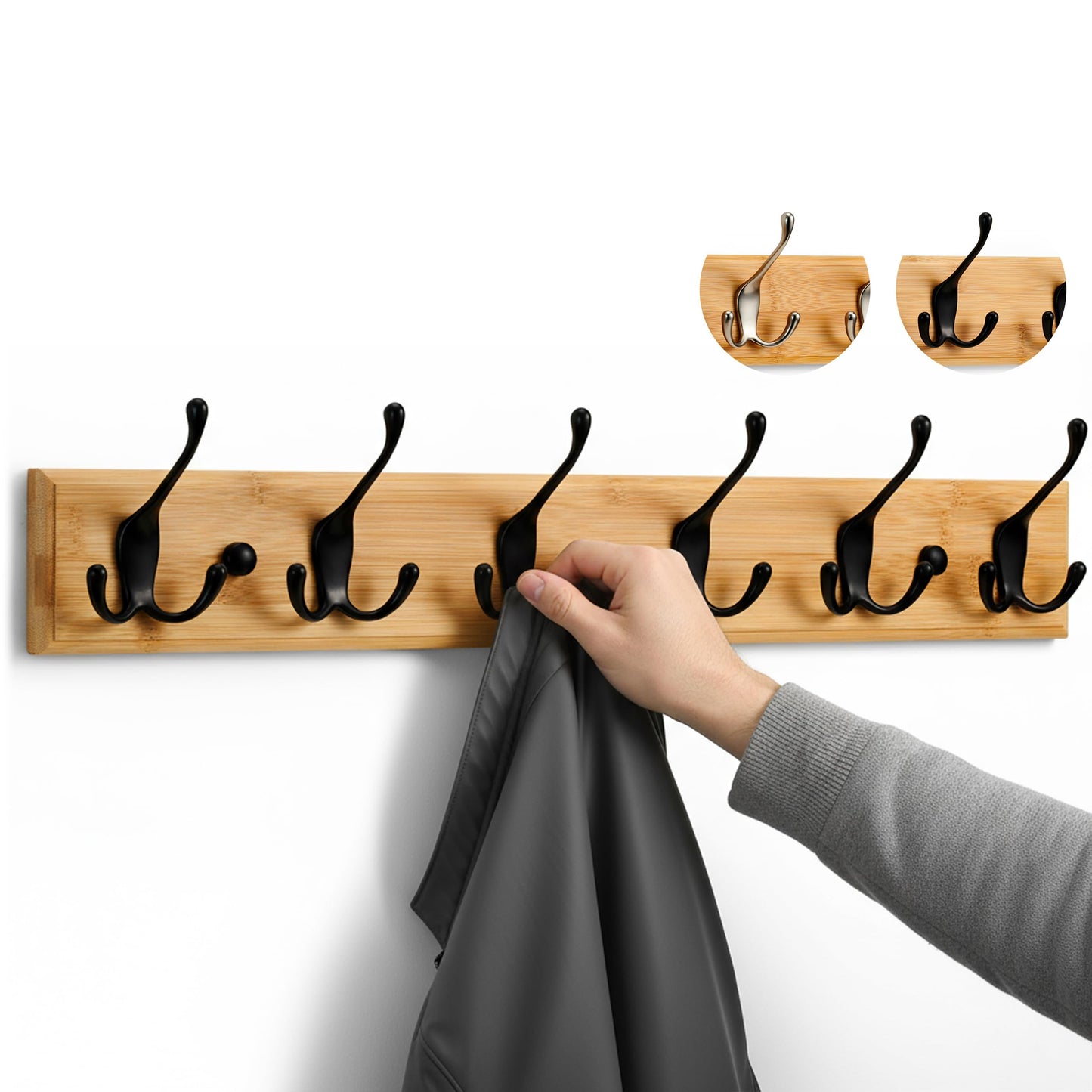 LARHN Wooden Wall-Mounted Coat Rack - 6 Black Coat Hooks, 59cm