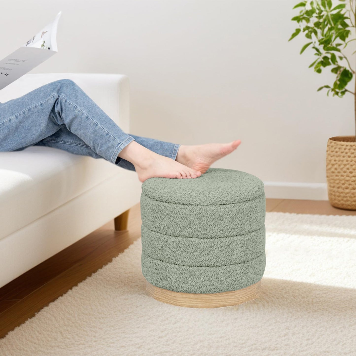 PINPLUS Round Chenille Storage Ottoman, Tray Top, 39x39x37 cm, Sage Green