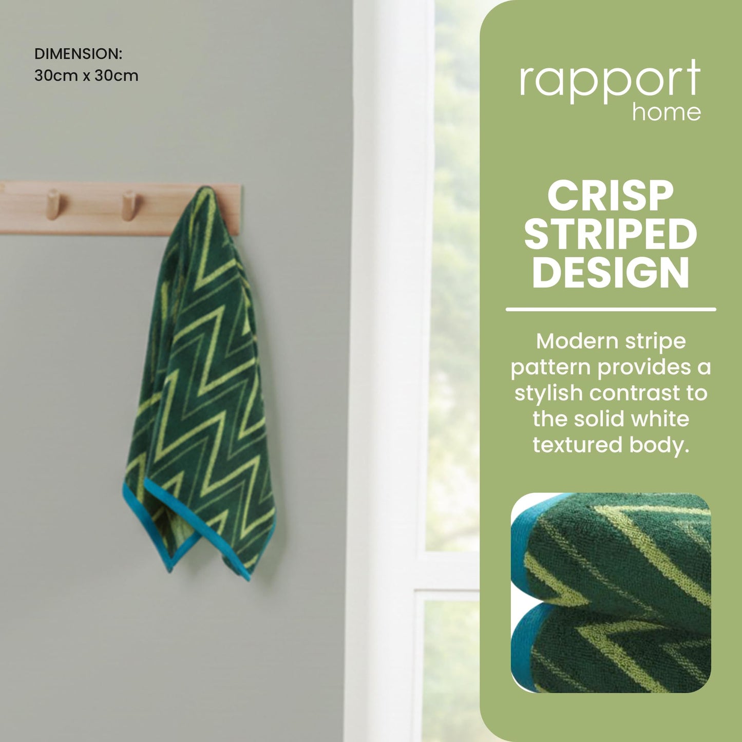 Rapport Home Helix Face Towels 2 Pack, 30x30cm 100% Cotton - Moss Green