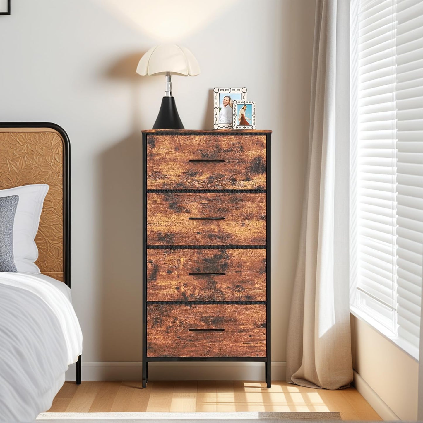 Feonase Chest of Drawers with 4 Fabric Drawers, Large Bedroom Dresser with Wooden Top & Sturdy Metal Frame, Tall Storage Organizer Unit for Bedroom
