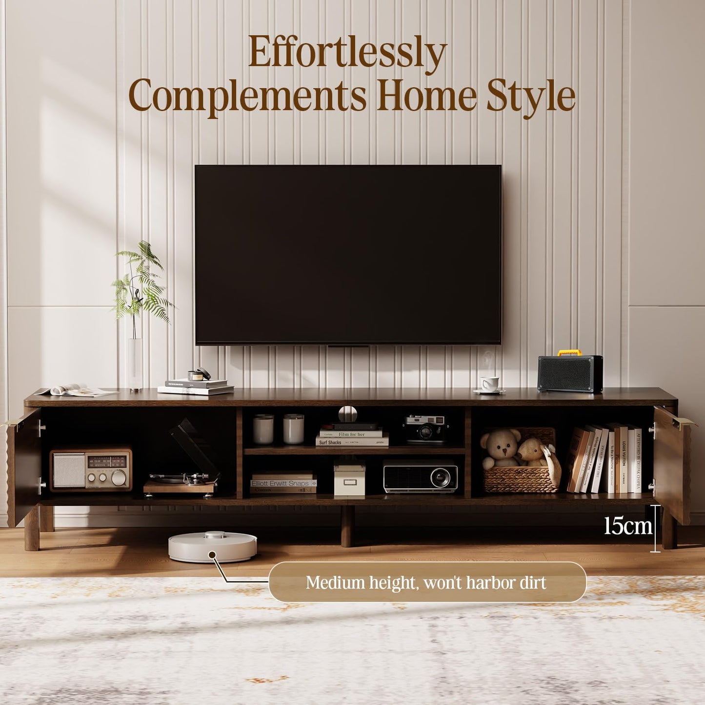 IKALIFE 180cm Walnut TV Unit, Wooden TV Stand Cabinet with Storage