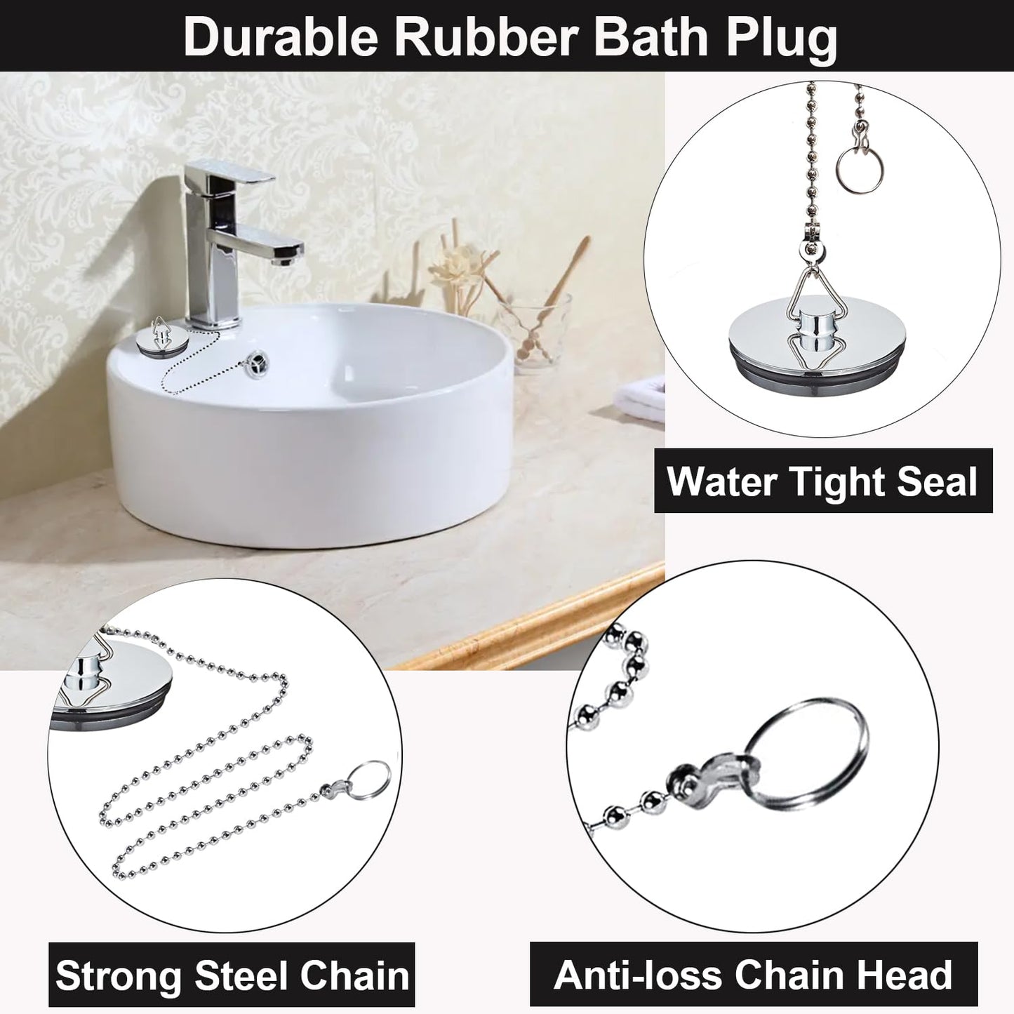 2 Pack Tomario Chrome Bath Plug, 450mm Stainless Steel Ball Chain Hook Pedestal Bathroom Sink Plug for Kitchen Bath Sink Drain Stopper Plug