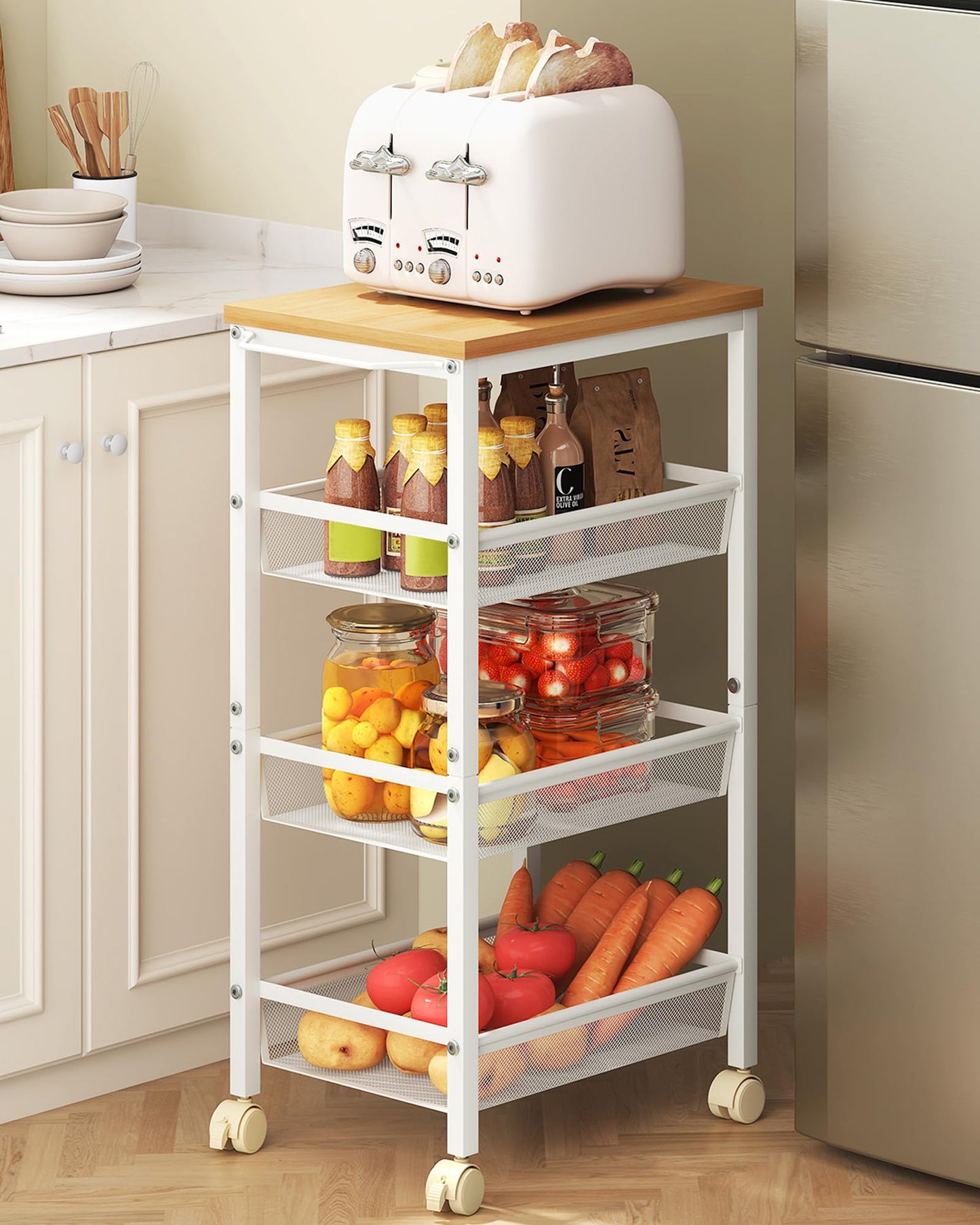 Hoctieon Rolling Storage Cart, 4-Tier Wide Panel Rolling Kitchen Storage Cart, Utility Cart with Handle & Wheels, Mobile Shelving Unit
