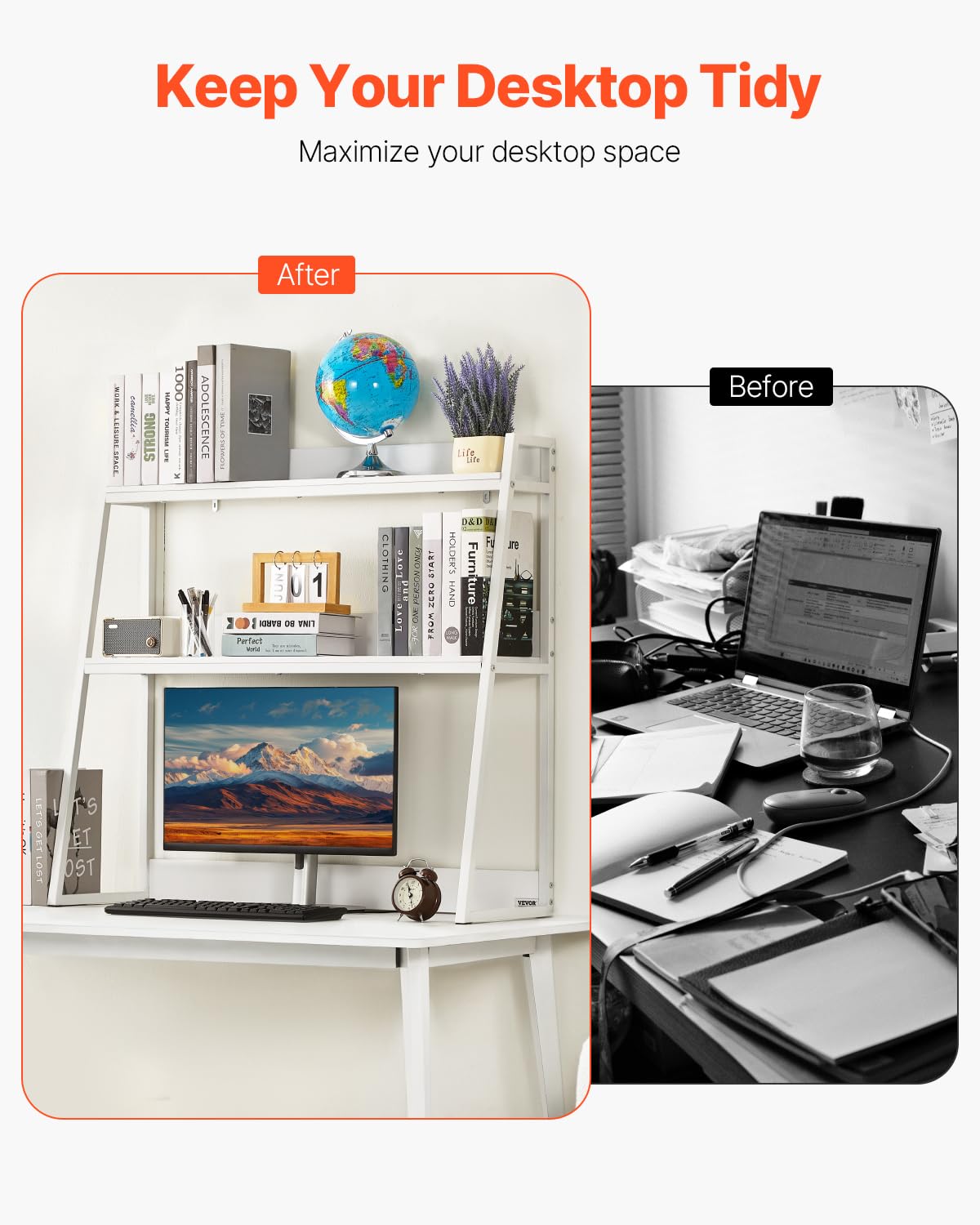 VEVOR Desktop Bookshelf, 2-Tier Desktop Storage Organizer, 37.4" x 12.6" x 35.4" Office Desk Storage Rack Display Shelf