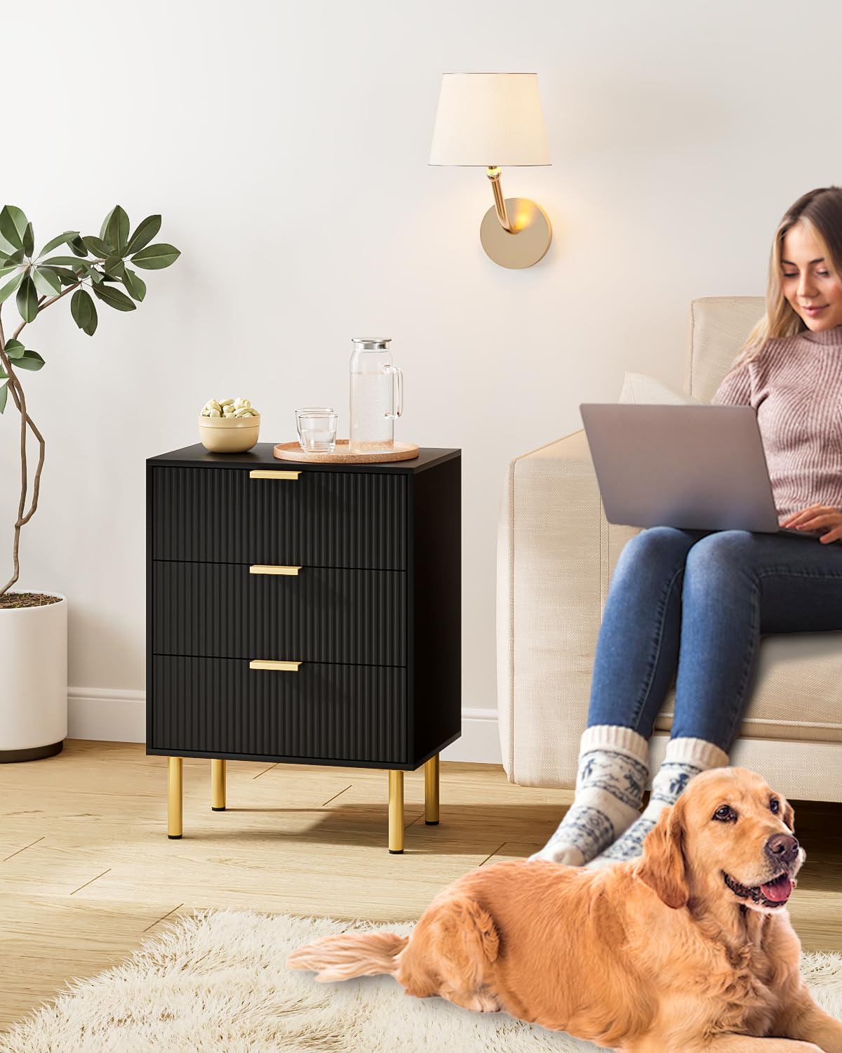 Apetaccat Bedside Table with 3 Drawers, Modern Bedside Cabniet with Metal Legs, Fluted Nightstand, Side Table for Bedroom, Living Room, Office