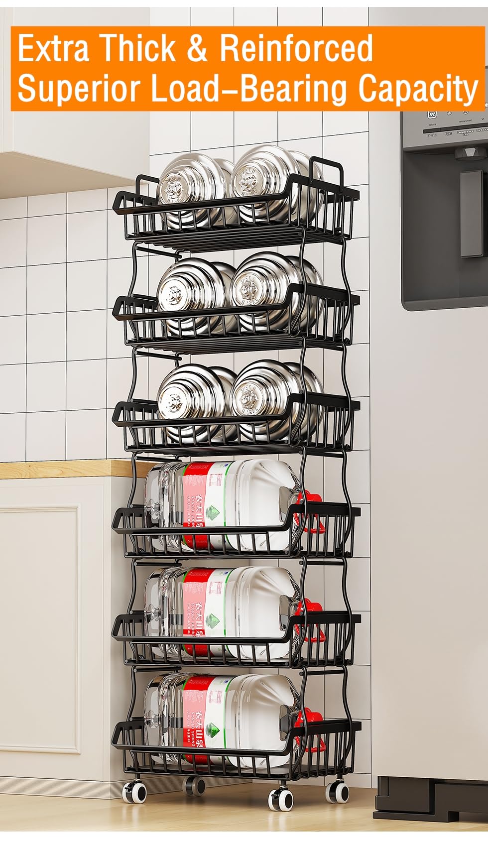 Rolling Metal Wire Basket Storage Cart with Top Handle and Wheels, Heavy Duty Stackable Organizer, Can Seperated to Use for Kitchen, Bathroom, Bedroom