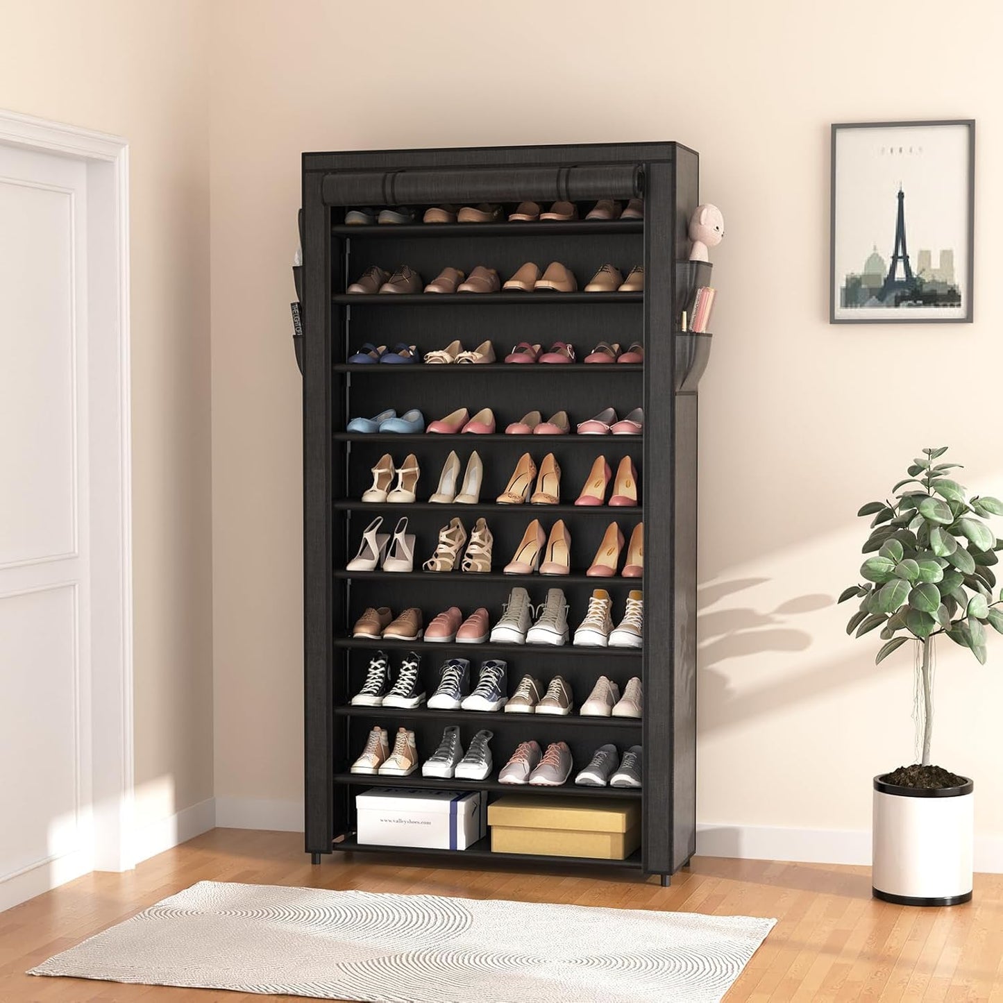 SRRSO 10 Tier Shoe Rack with Dustproof Cover, Large Capacity Shoe Storage Tall Shoe Shelves Holds 40-45 Pairs Shoes for Inside Wardrobe