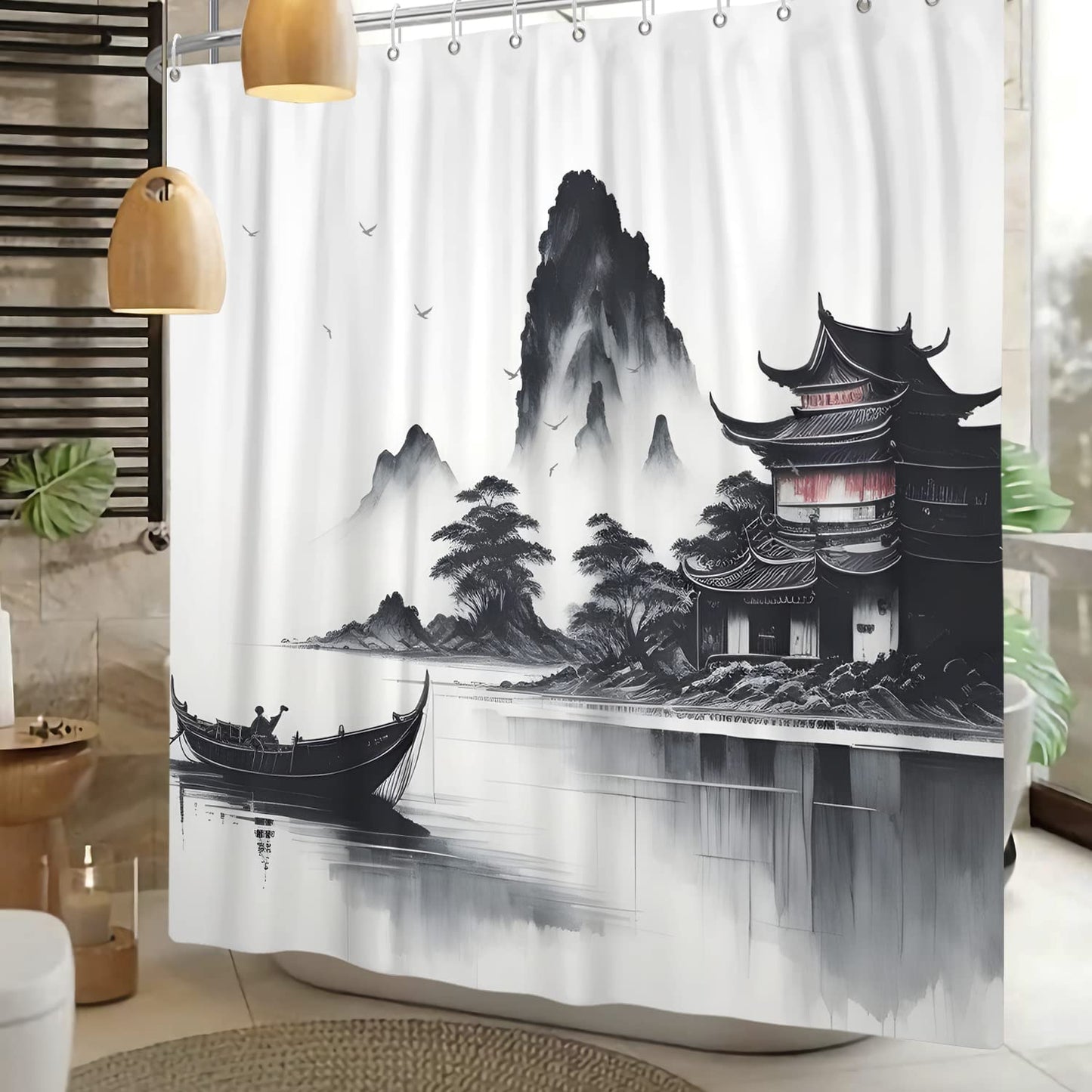 SDOTPMT 105x160cm Japanese Asian Ink Painting Shower Curtain Foggy Mountain Boat Wild Goose Bathtub Curtain Outdoor Natural Scenery Bath Curtain for