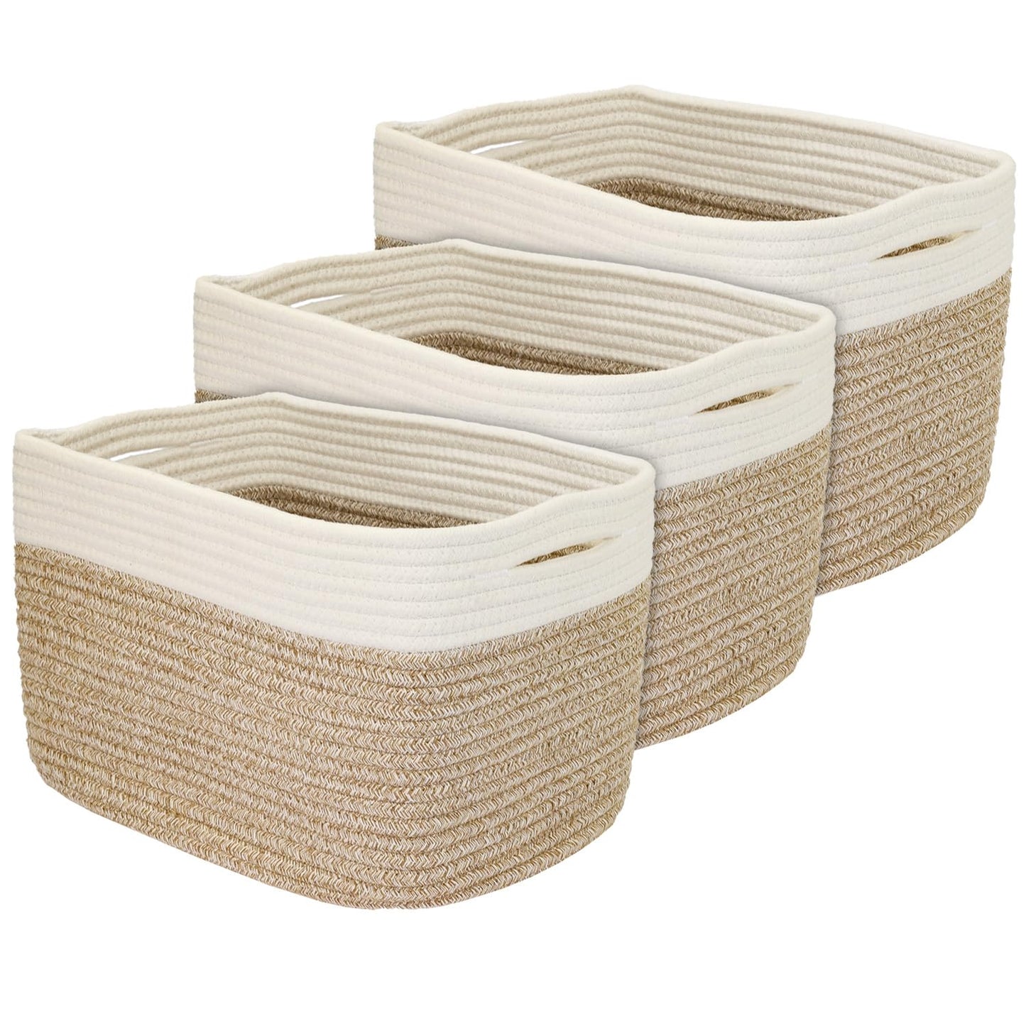 HMF Storage Basket with Hidden Handles, Set of 3, Cotton Basket, 37.5 x 25 x 22.5 cm, White/Brown