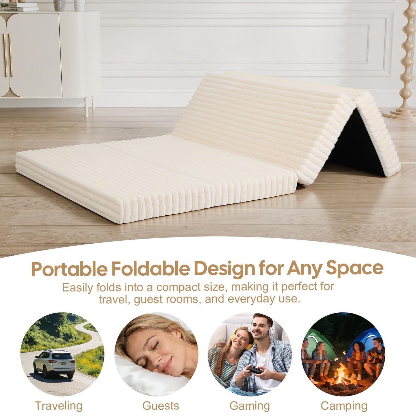 MeMoreCool Folding Floor Mattress 190x135cm, 4-Fold Foam Guest Bed, Beige