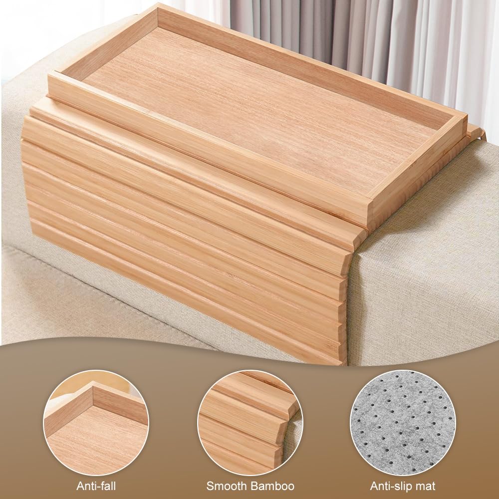 Duscdesp Bamboo Sofa Arm Tray, Anti-Slip Armchair Table, Couch Cup Holder Tray, Foldable, Collapsible, Rectangular, Bamboo A