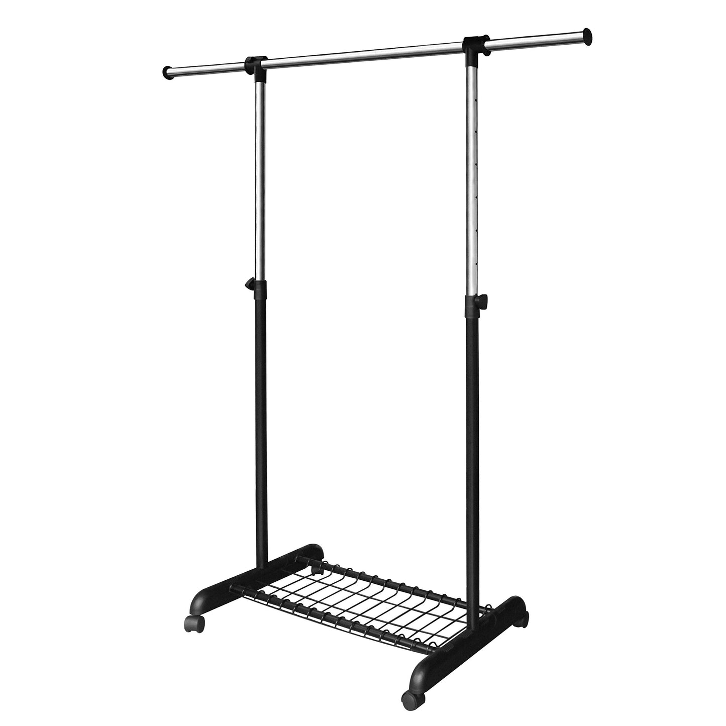 LiaMeE Heavy Duty Clothes Rail for Bedroom, Adjustable Clothes Rack on Wheels,Hanging Rail for Clothes, Black & Chrome
