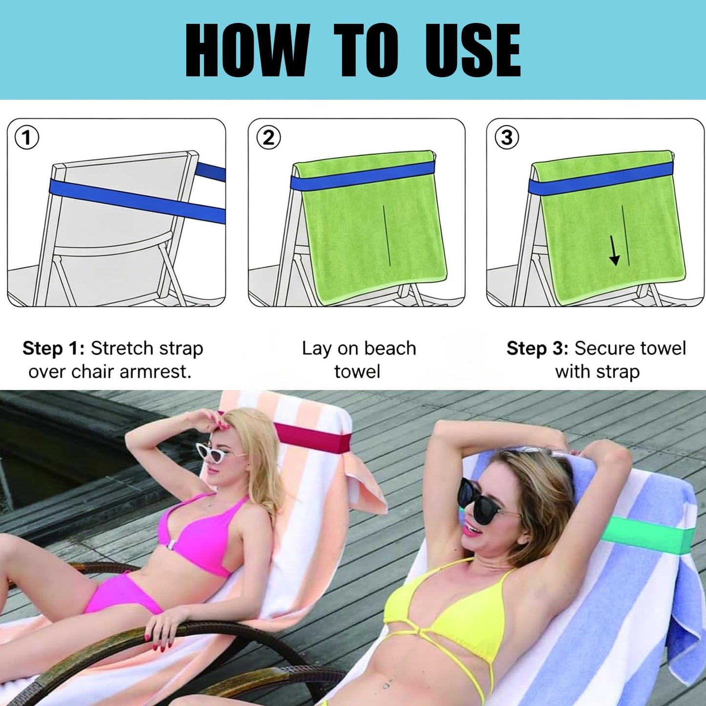 4 PCS Towel Bands For Sun Loungers, Elastic Sunbed Straps For Beach Towels, Windproof Beach Towel Bands For Cruise Chairs, Pool Chairs And Sunbeds