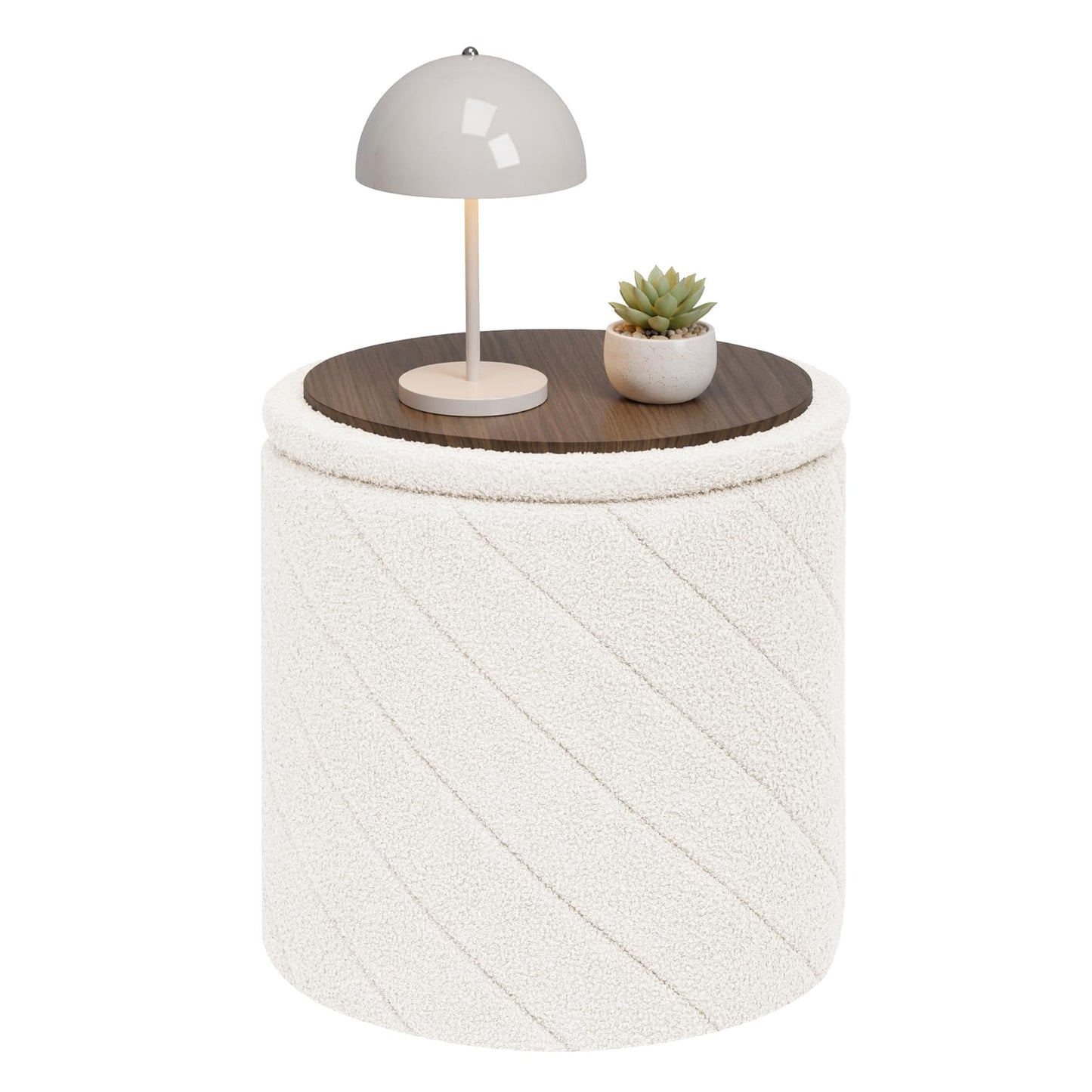 Bonlife Round Ottoman Stool with Storage, Folding Footstool with Lid,Boucle Vanity Stool for Living Room,Bedroom,Entryway,Cream,43x43x45cm