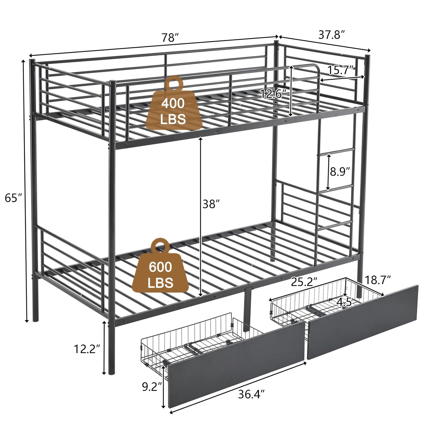 Karl home Heavy Duty Metal Bunk Bed Frame with 2 Large Drawers, Black
