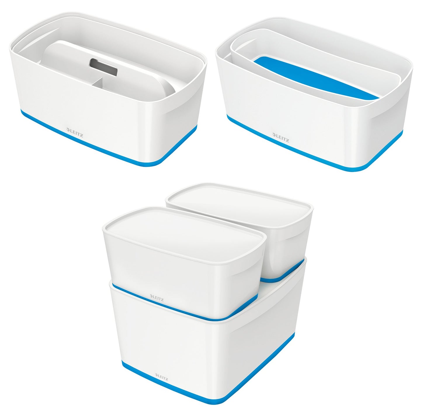 Leitz A5 MyBox Small with Lid, Storage Box for Home and Office, 5 L, High Gloss, Plastic, White/Blue Metallic