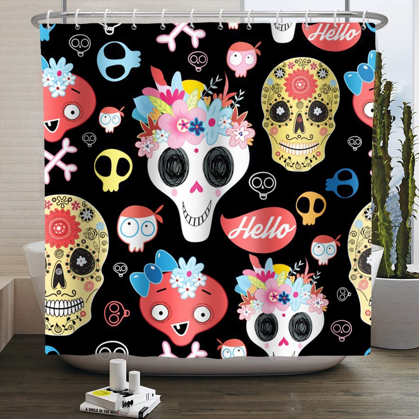 SDOTPMT 122x183cm Gothic Sugar Skull Shower Curtain Funny Cartoon Human Skeleton Flower Bath Curtain Day of The Dead Mexico Black Bathtub Curtain for