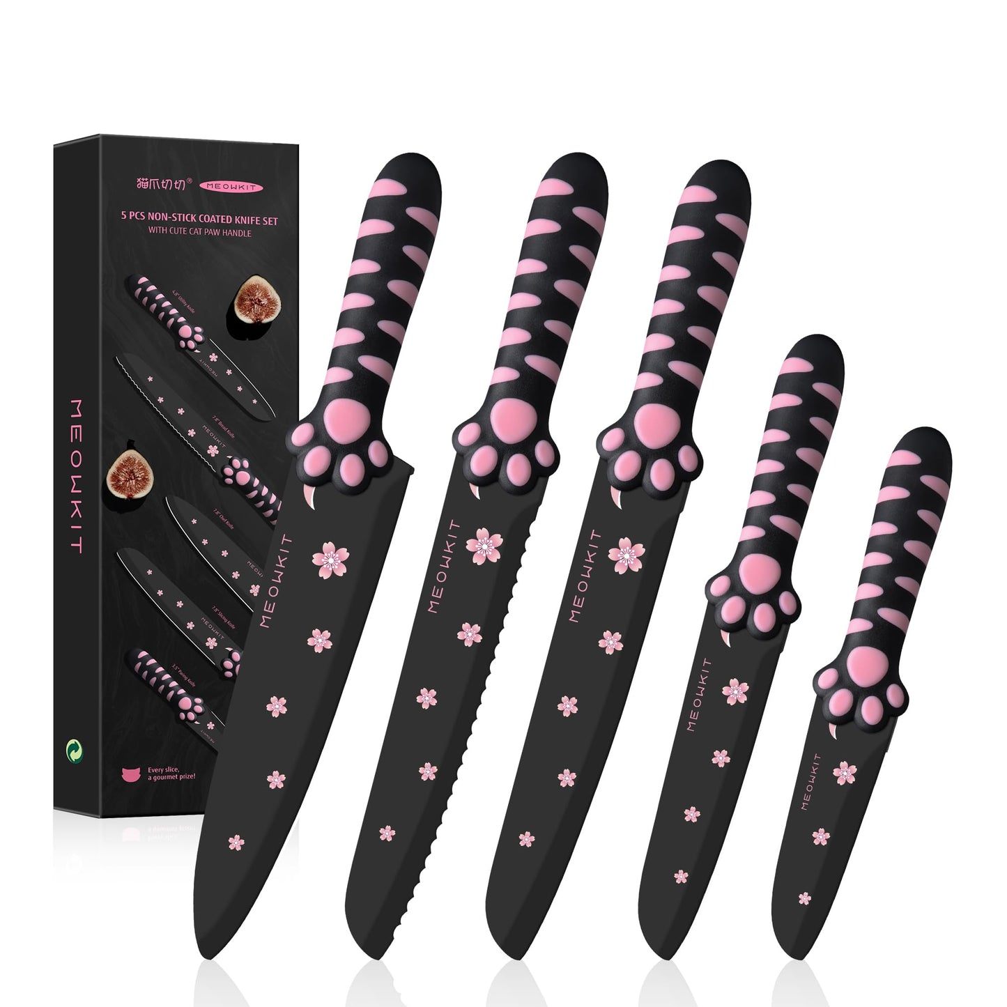 MEOWKIT Stylish & Cute 5 Pieces Kitchen Knife Set with Non-Stick Coated Cat Paw Handle for Modern Kitchens, Daily Use and Gift Giving (Black&Pink)