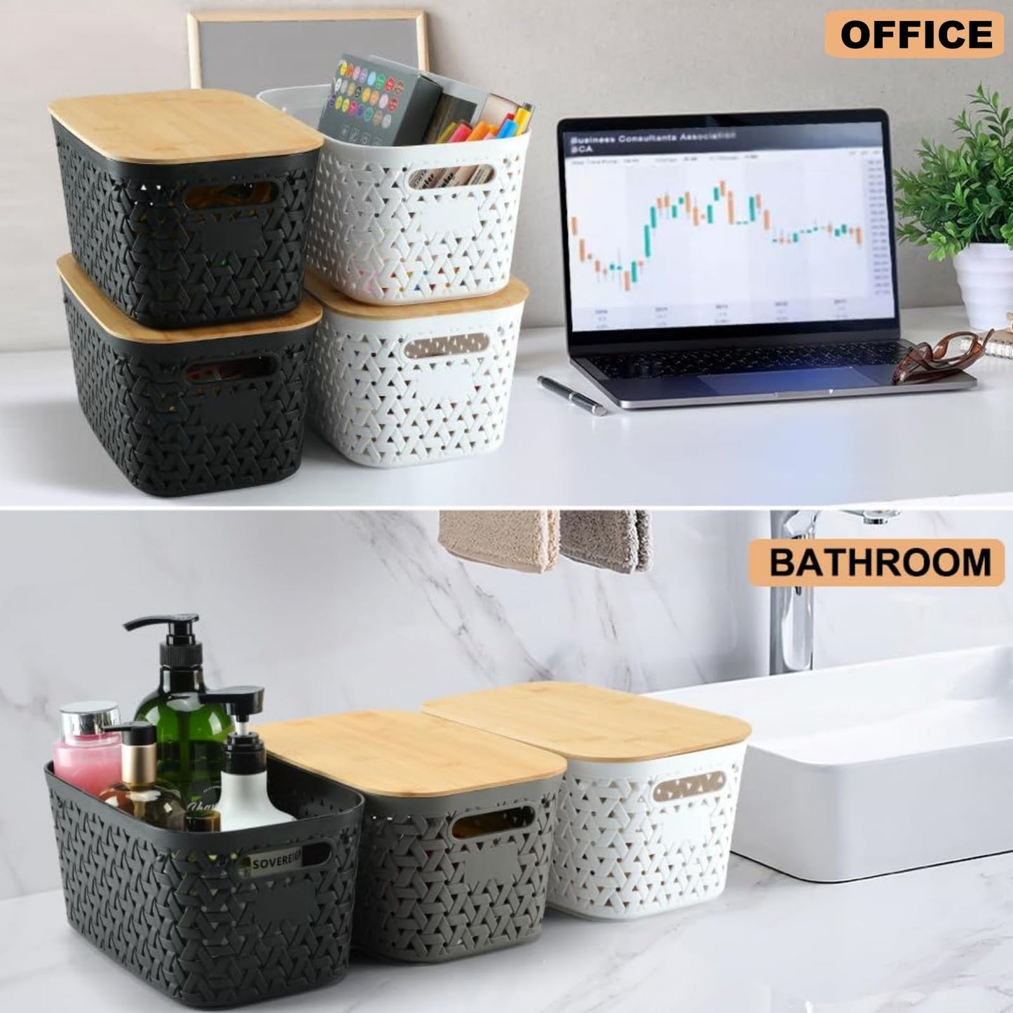 Sagittar Set of 4 Storage Boxes with Bamboo Lid, Plastic Storage Baskets, Imitation Rattan Baskets, Minimalist Storage Boxes for Desks, Coffee Tables