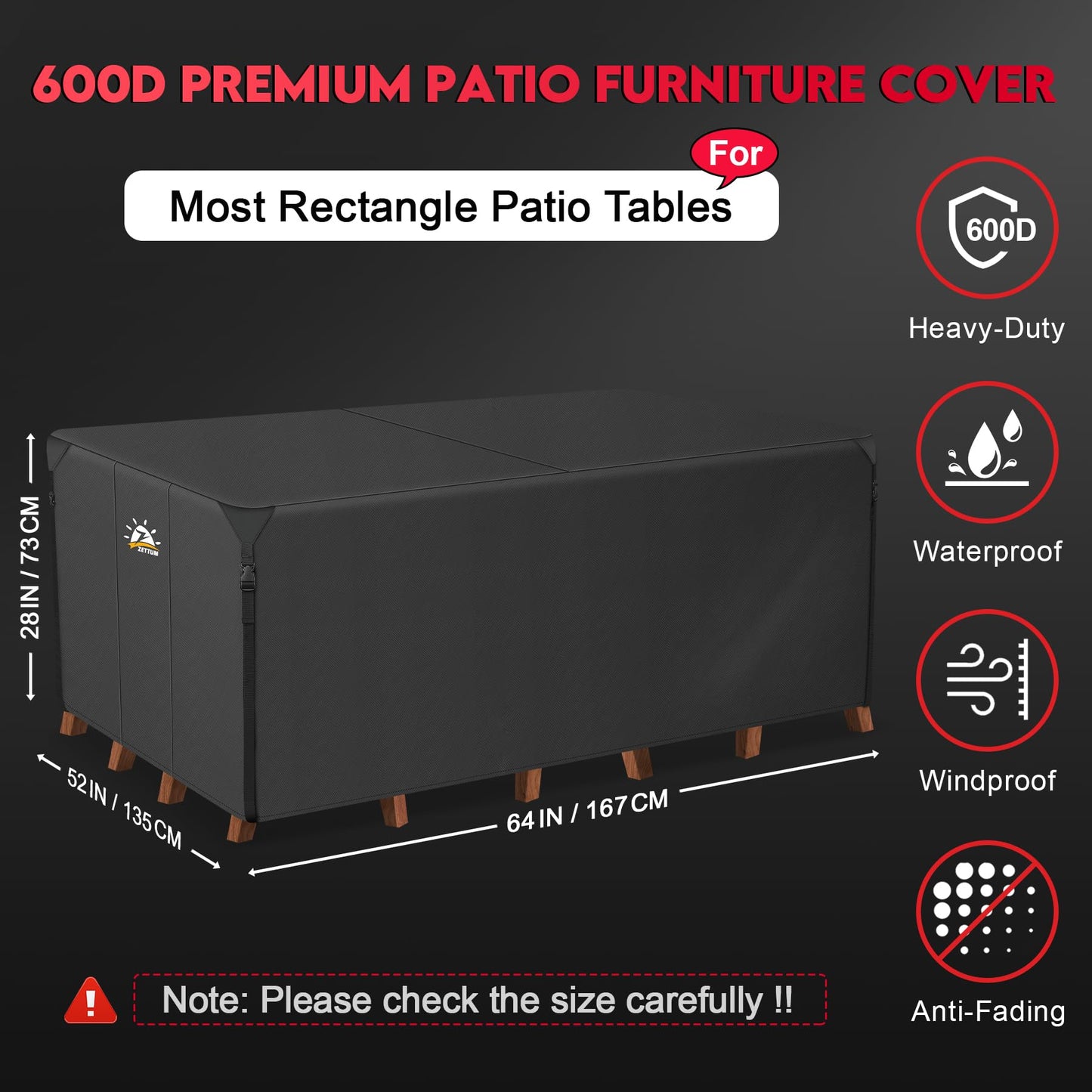 Zettum 167x135x73cm Cover for Garden Furniture Waterproof Rectangular 600D Heavy Duty Outdoor Furniture Covers for Rattan Sofa Table Chair Cover