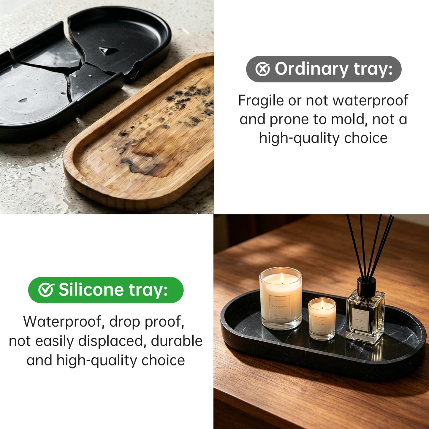 Vanity Tray, Bathroom Tray, Silicone Tray – 2-Piece Oval Marble Storage Tray (25x11x2cm) with Non-Slip Base & Easy-Clean Surface, for Bathroom