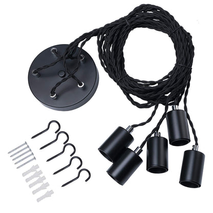 Black Industrial pendant light fitting, 5lights Spider Hanging light fitting with adjustable 3M twisted braided cable, Retro industrial Cluster