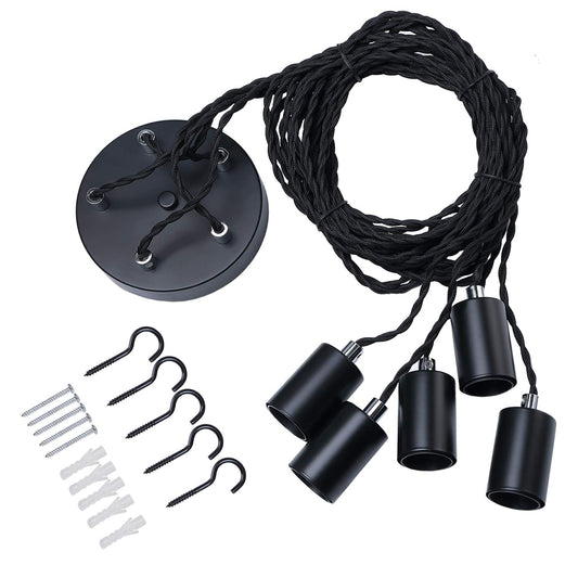 Black Industrial pendant light fitting, 5lights Spider Hanging light fitting with adjustable 3M twisted braided cable, Retro industrial Cluster