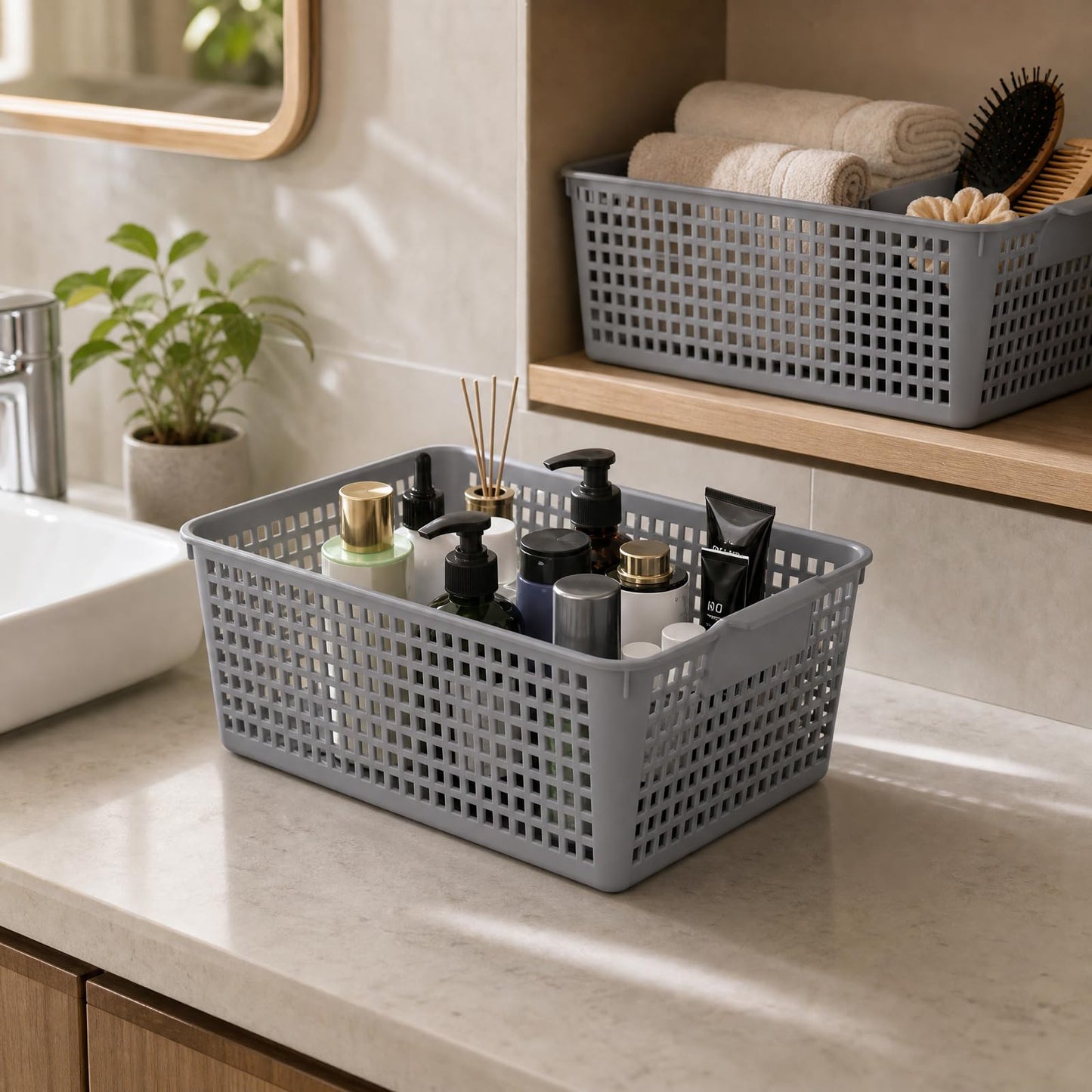 Jnktka Rectangle Storage Baskets for Shelves, Set of 6 Grey Plastic Baskets