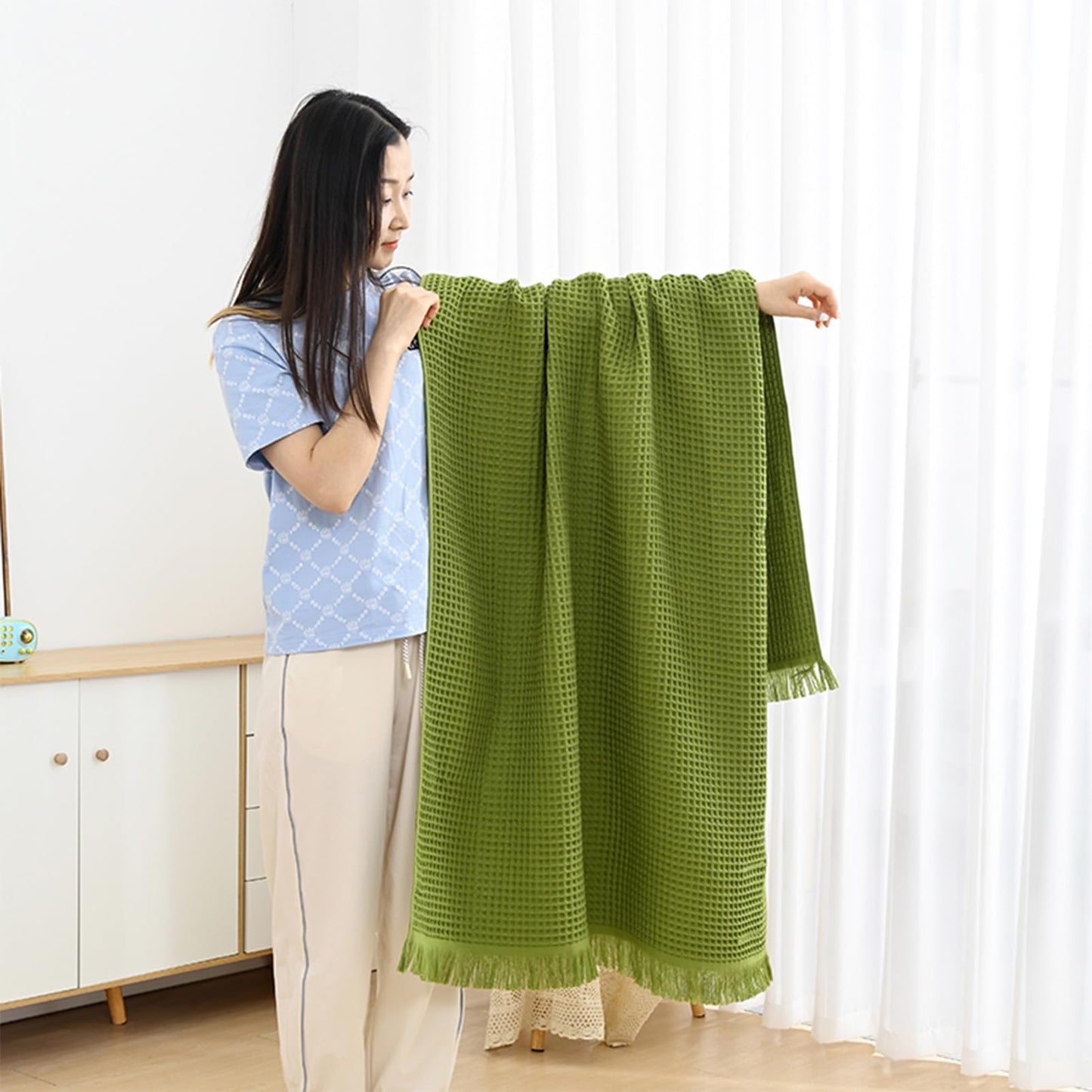 Jamron Pure Cotton Waffle Bath Towel Quick Dry Soft 180x90cm Large Bath Sheet Tassel Shawl SN079108 Green