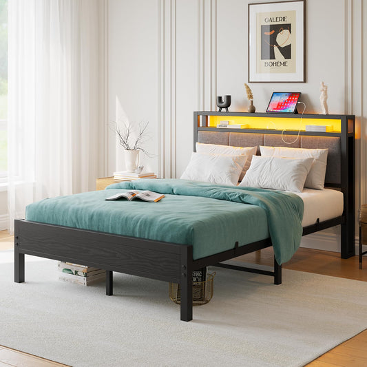 FOUBAM 4FT6 Double Bed Frame with LED Lights and Charging Station, Heavy Duty Metal Platform Upholstered Bed frame with Storage Fabric Headboard,Metal