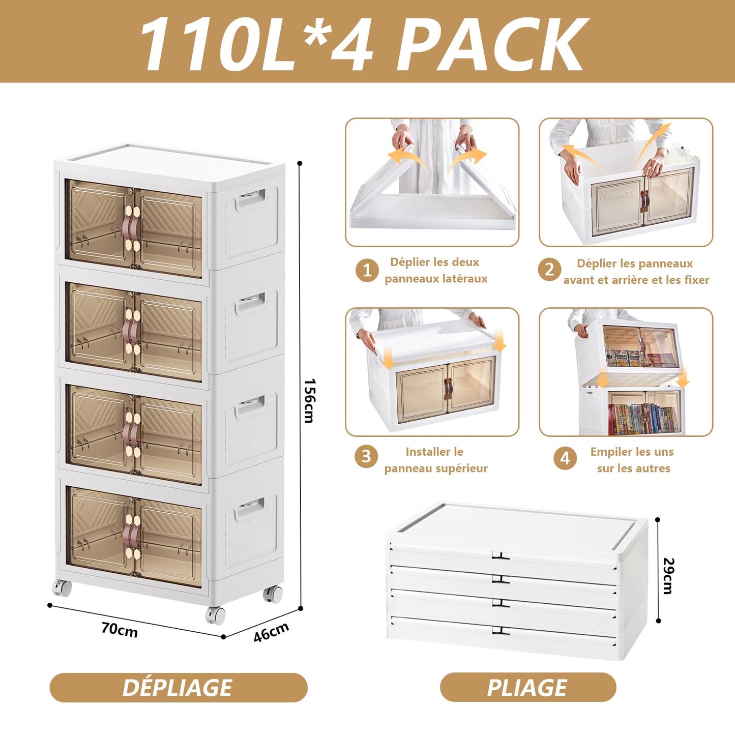 ELPHECO Storage Boxes with a lid, 4-Piece Large Collapsible Wardrobe, Stackable Storage Boxes with wheels Plastic Collapsible Organiser Kitchen