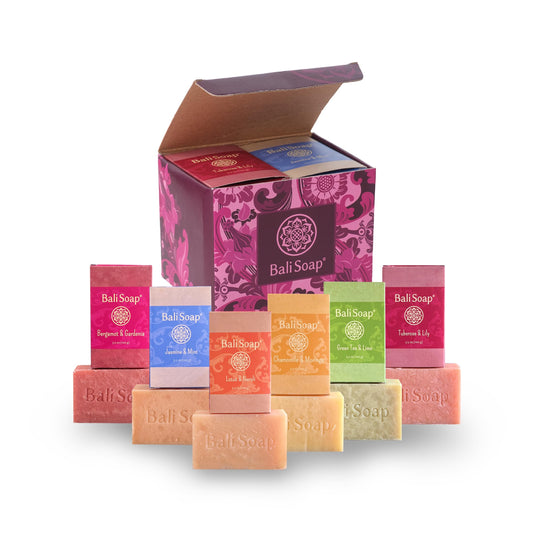 Bali Soap - Feminine Collection Natural Soap Bar Gift Set, 6 pc Variety Pack, Bergamot-Gardenia, Jasmine-Mint, Lotus-Neroli, Chamomile-Moringa,
